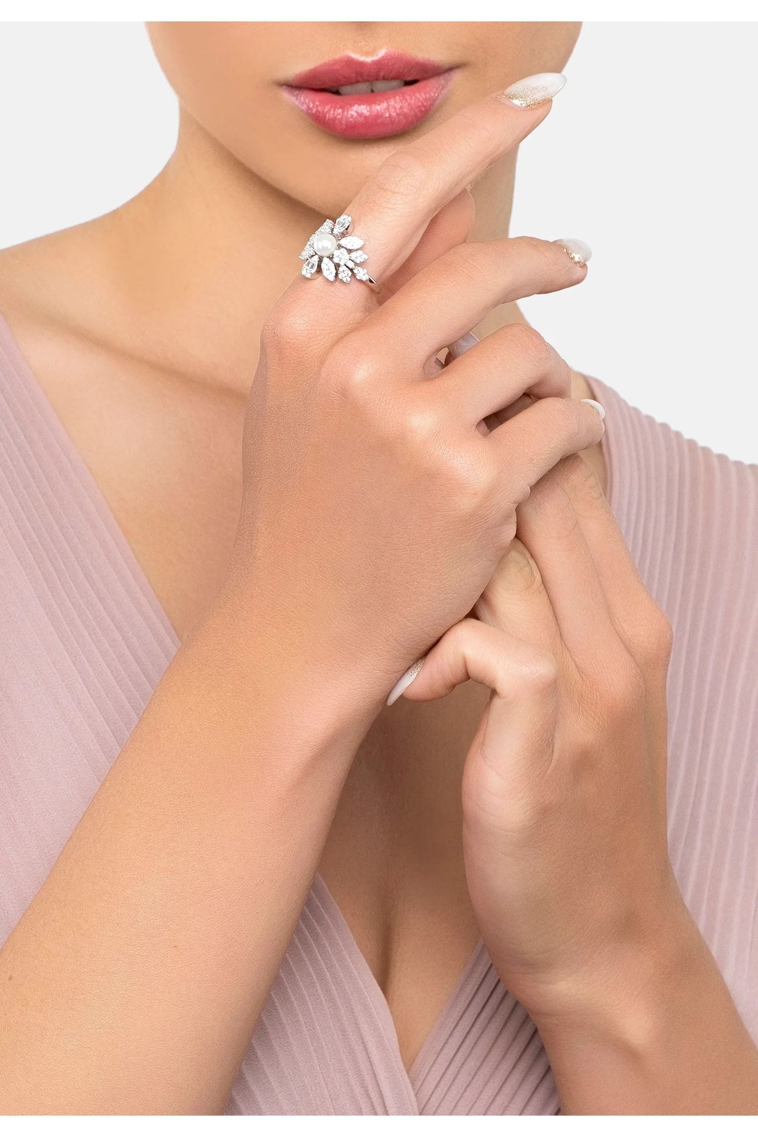 The ring worn by a model.