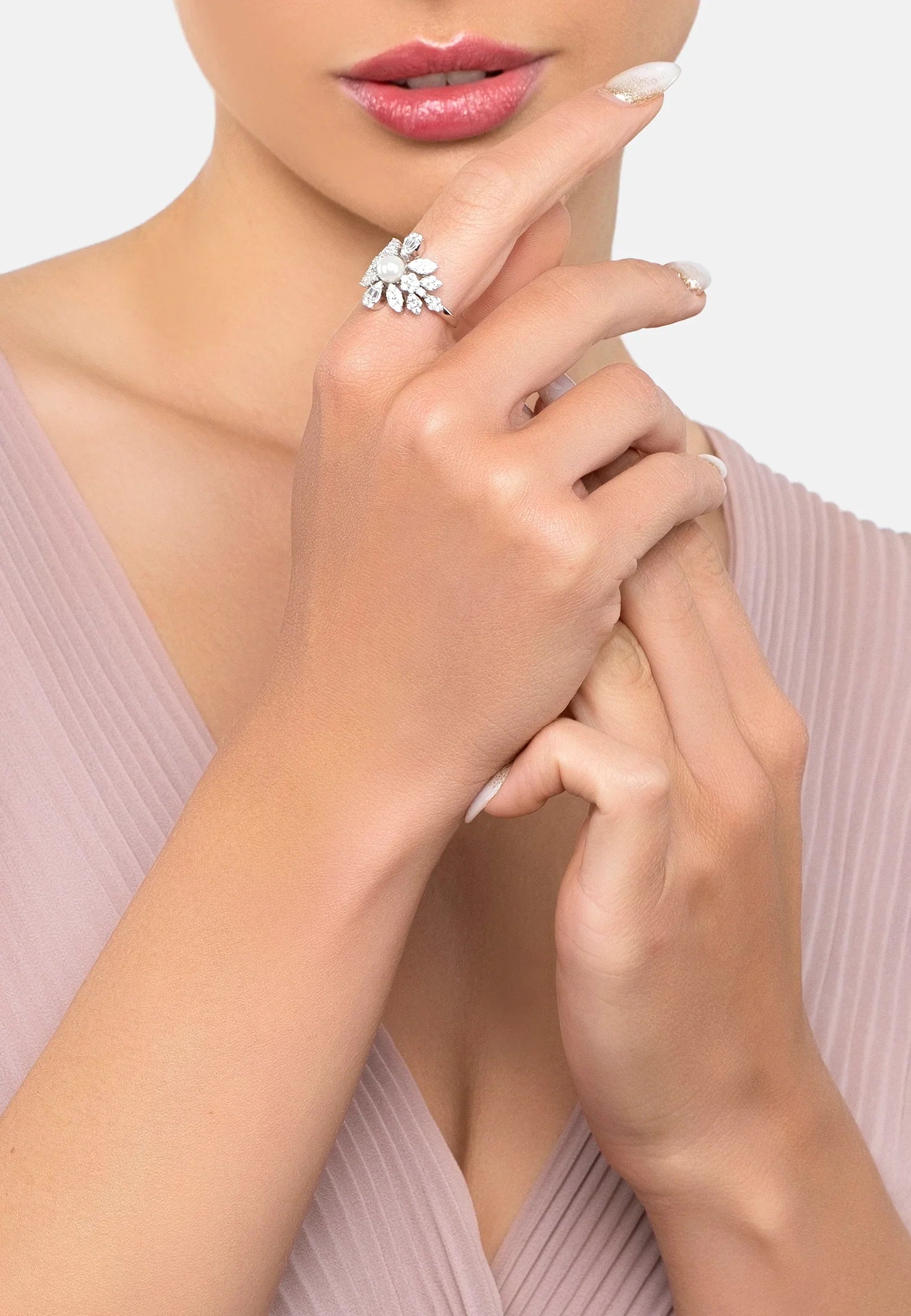 The ring worn by a model.