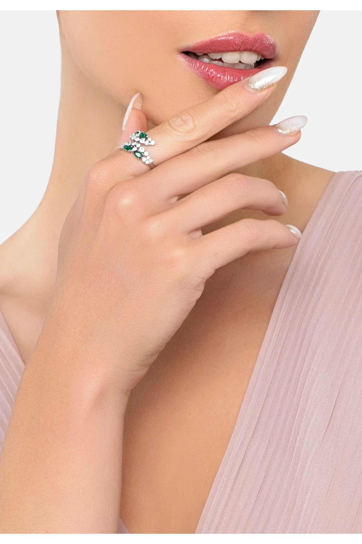 The ring worn by a model.