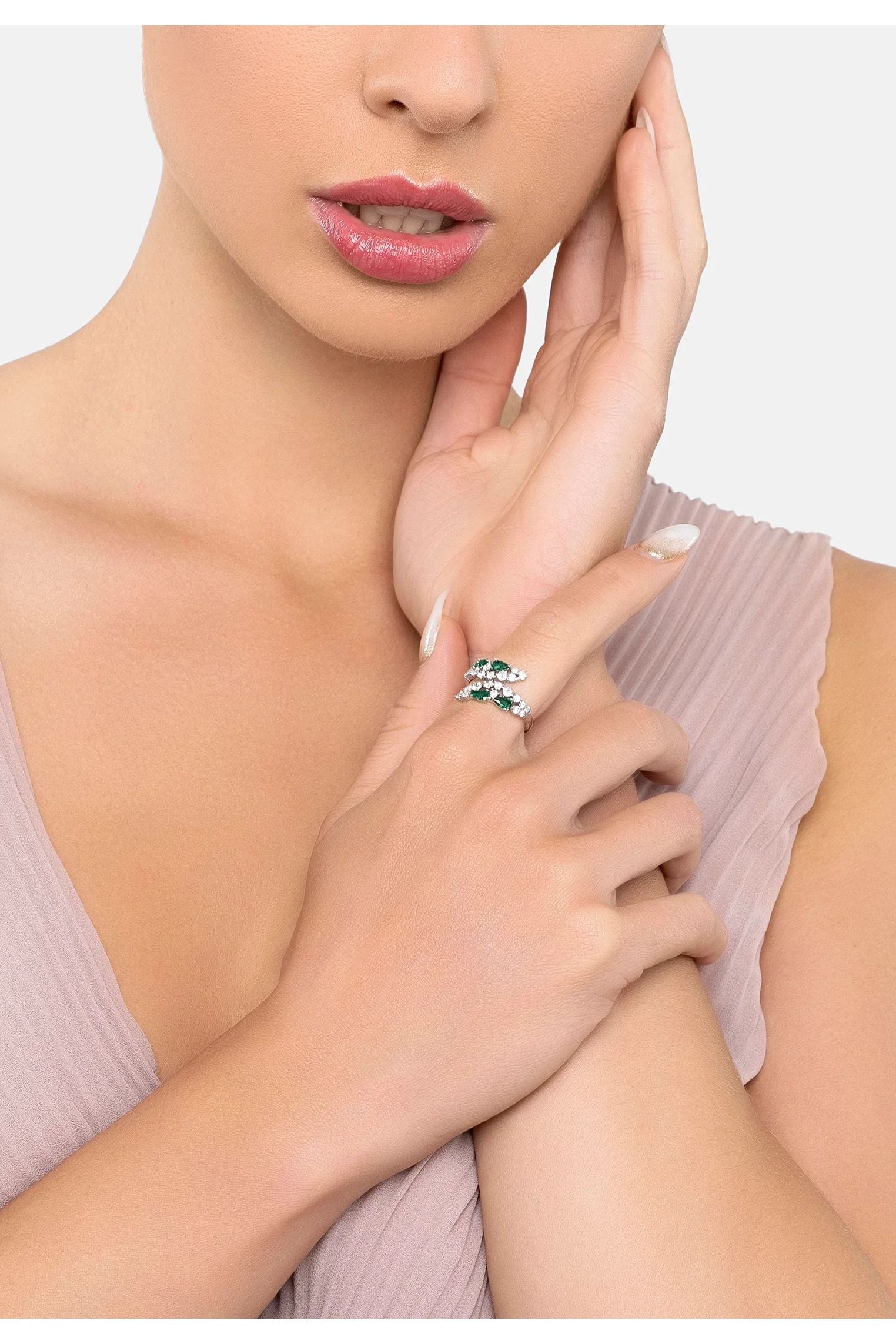 The ring worn by a model.