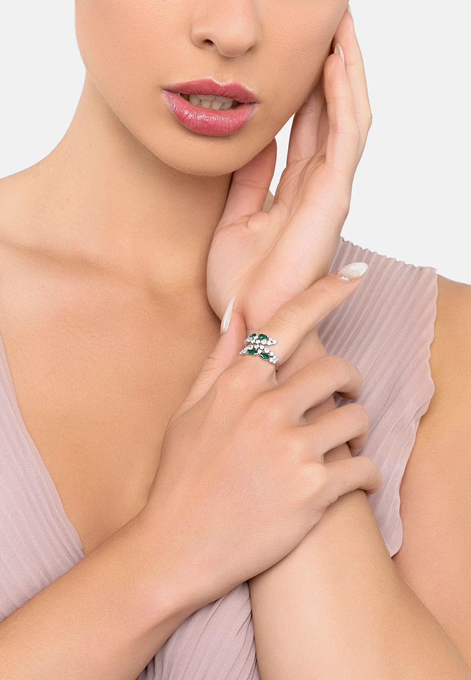 The ring worn by a model.