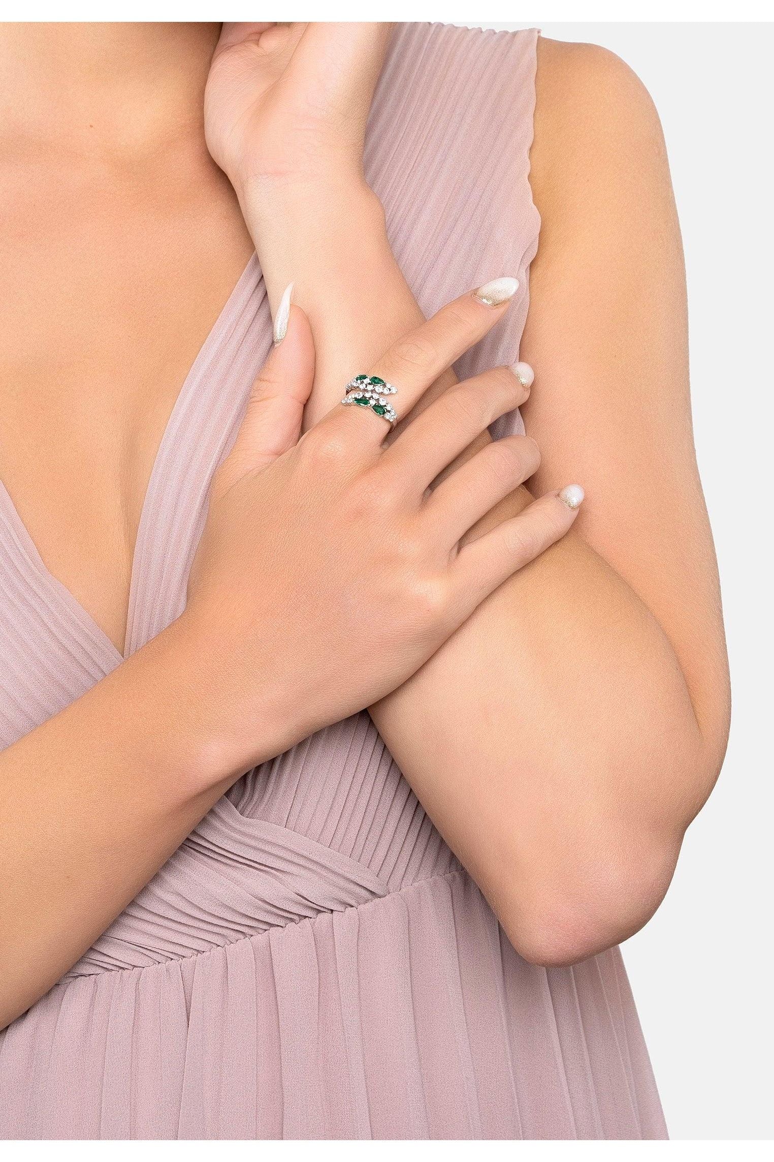The ring worn by a model.