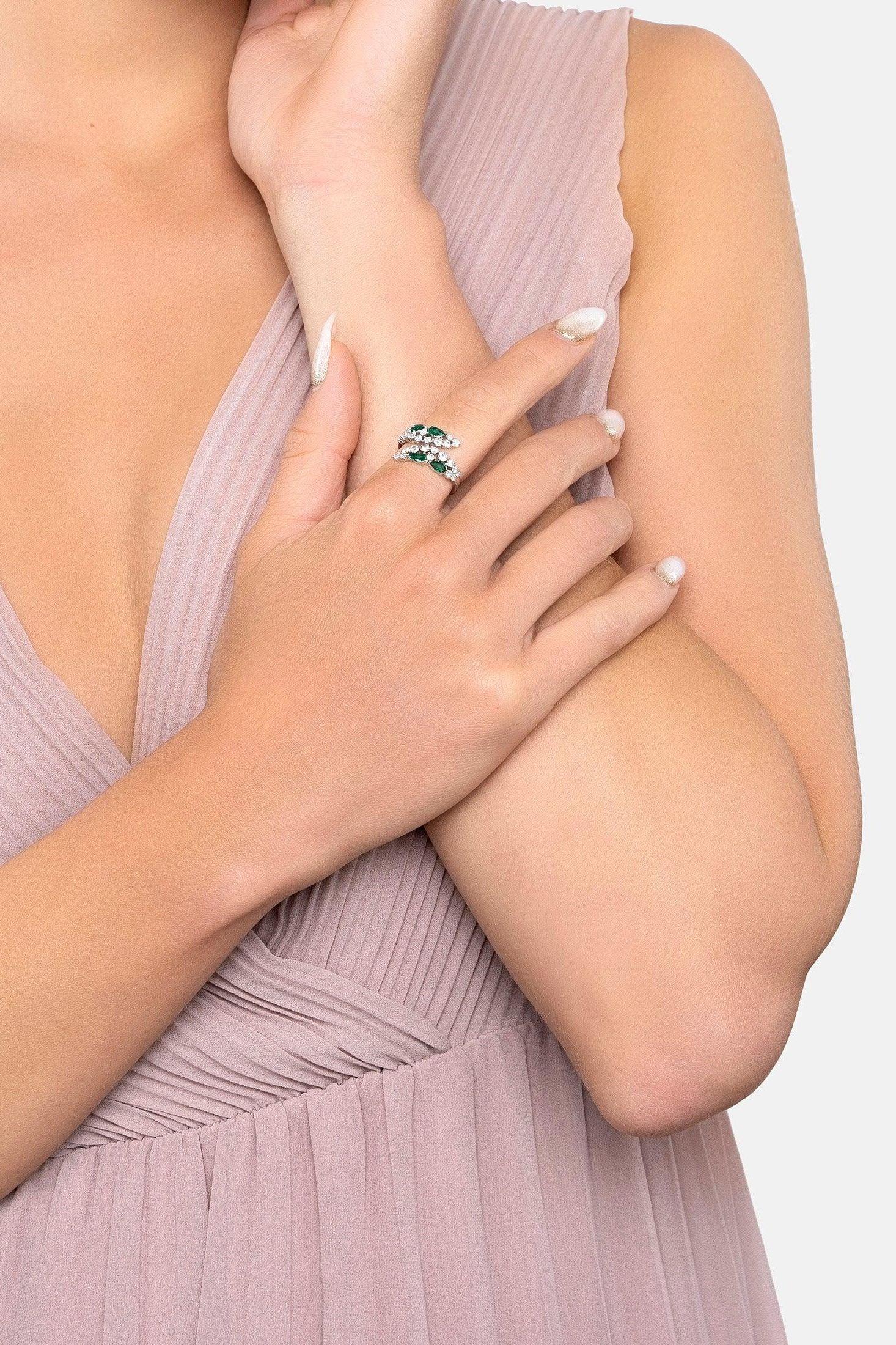 The ring worn by a model.