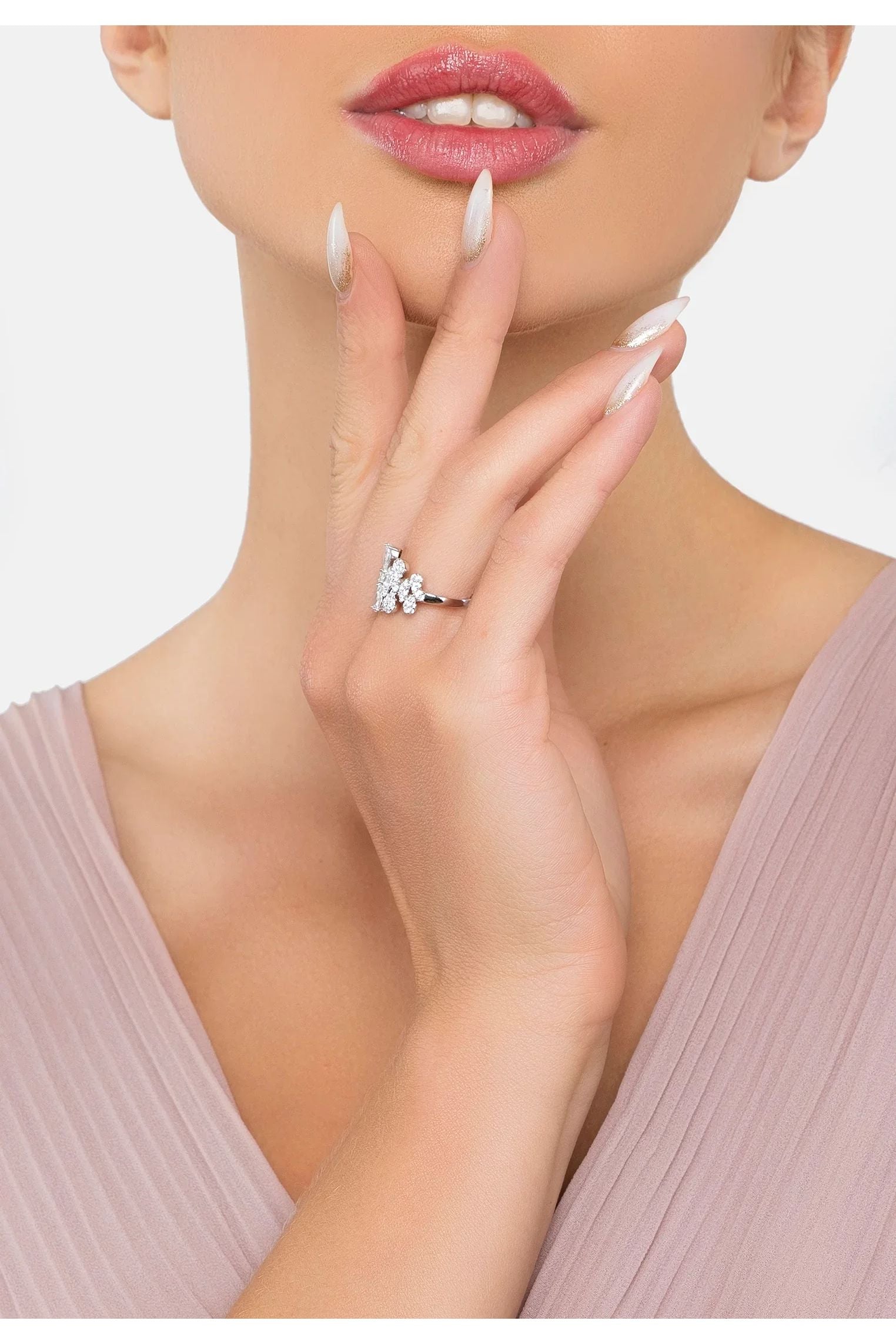 The ring worn by a model.