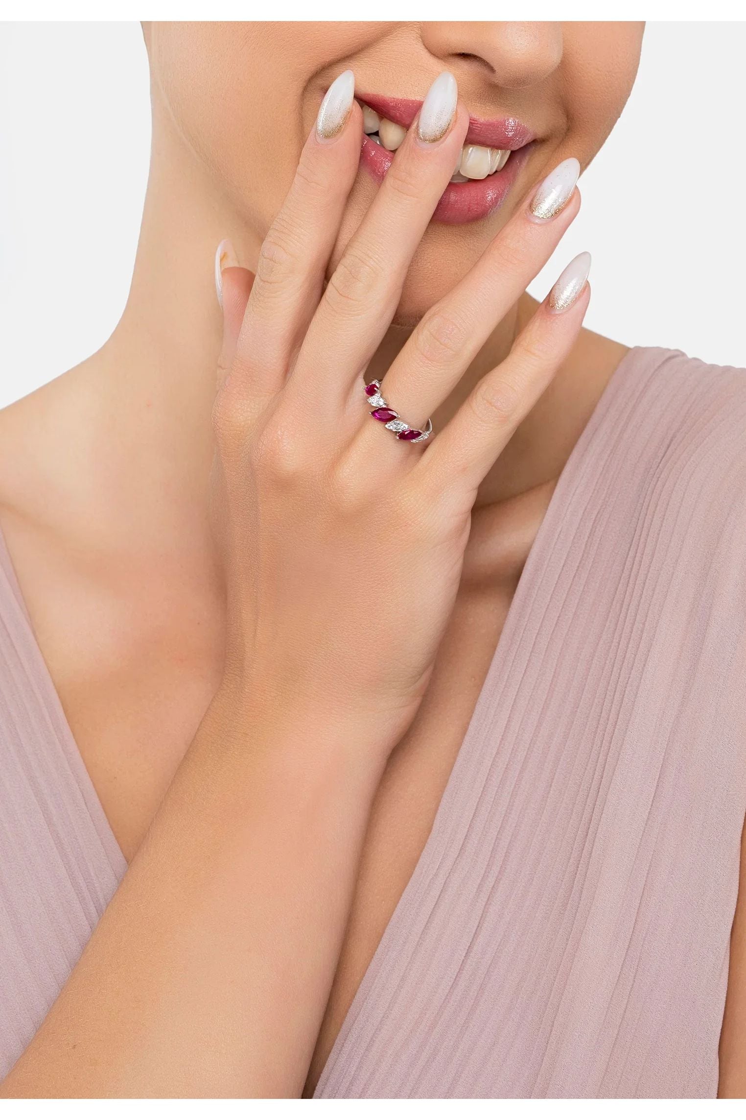 The ring worn by a model.