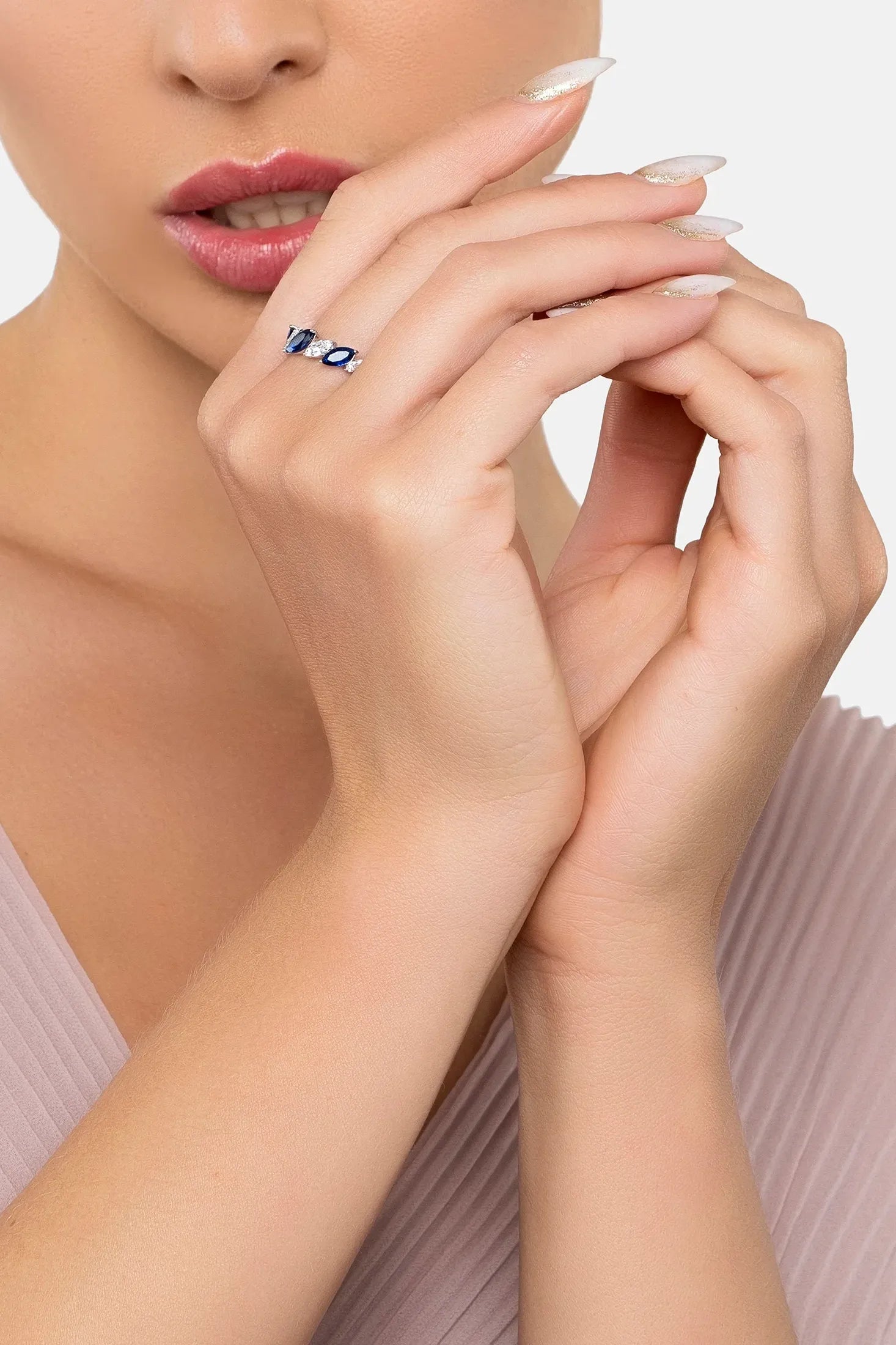 The ring worn by a model.