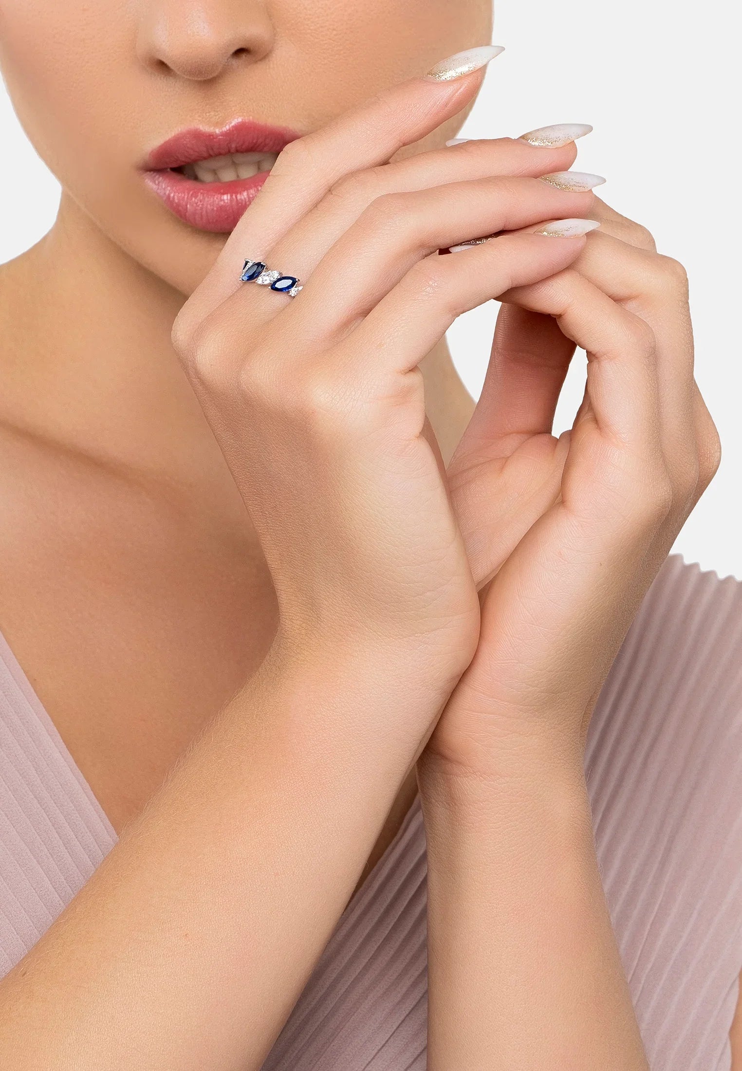 The ring worn by a model.