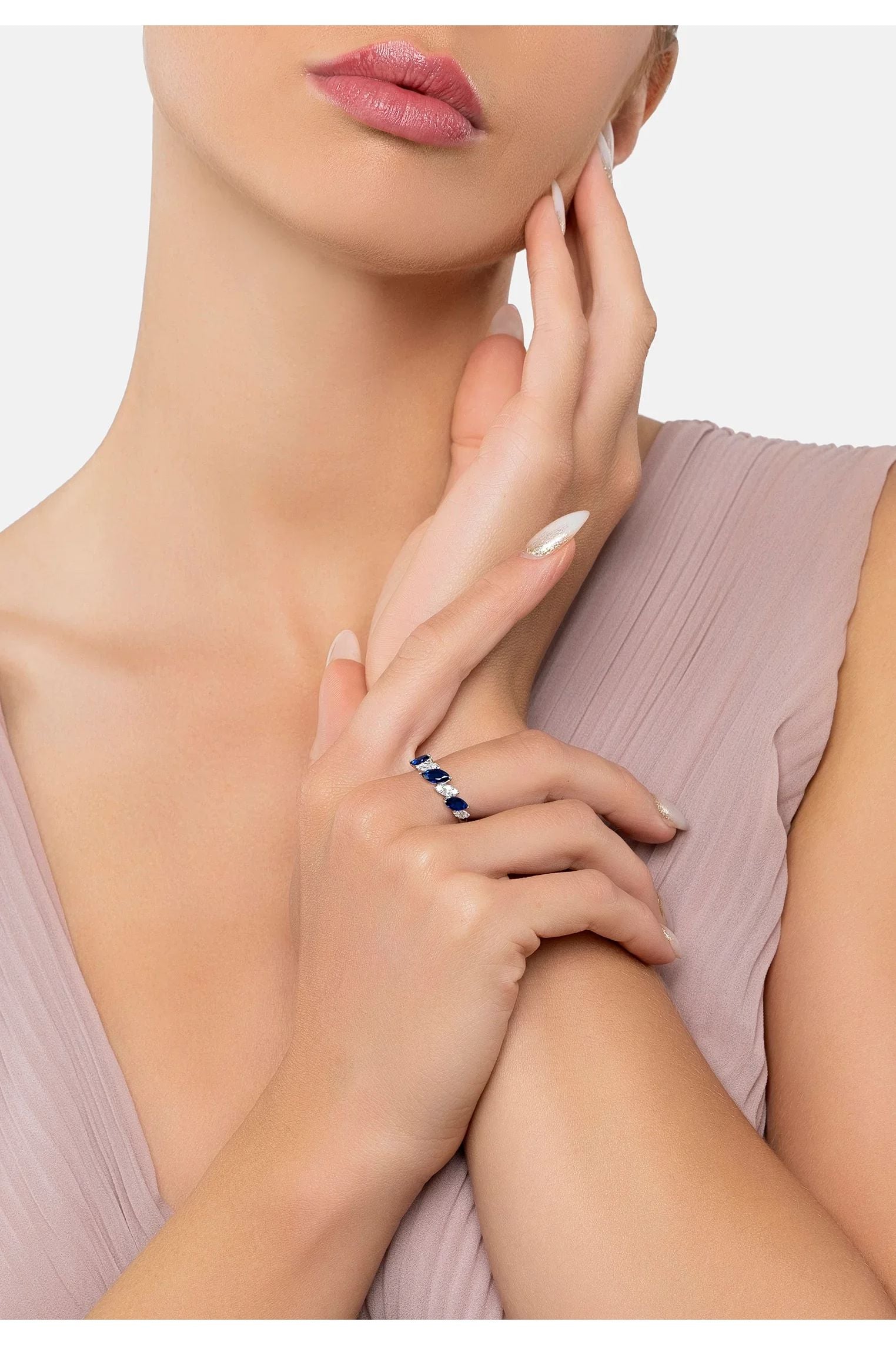 The ring worn by a model.