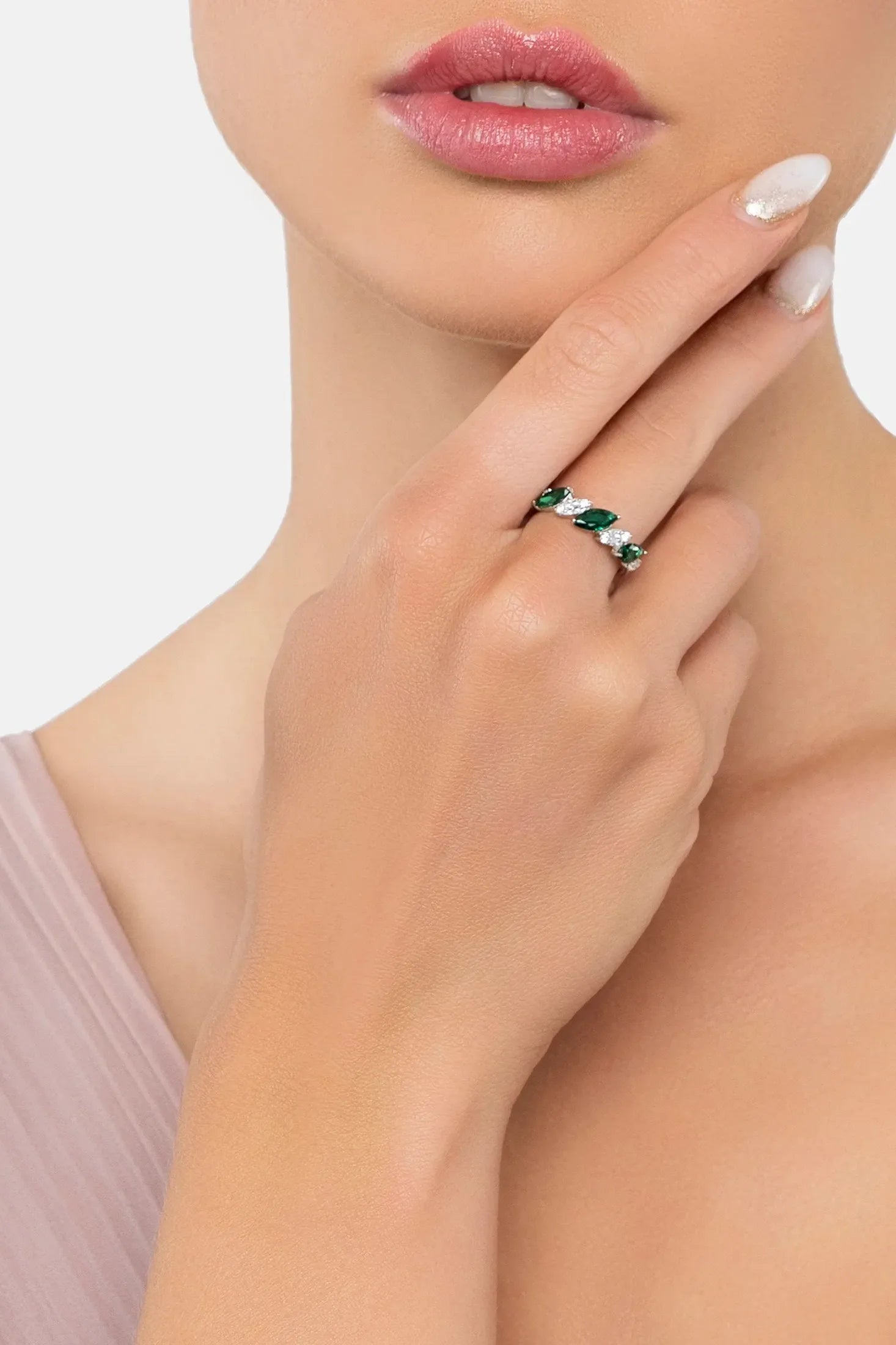 The ring worn by a model.