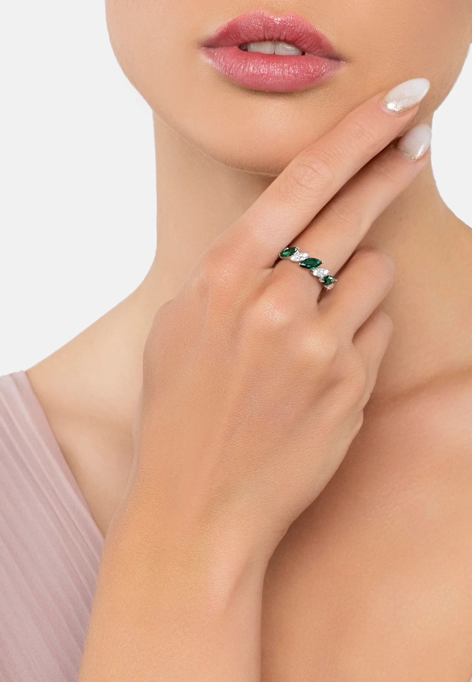 The ring worn by a model.