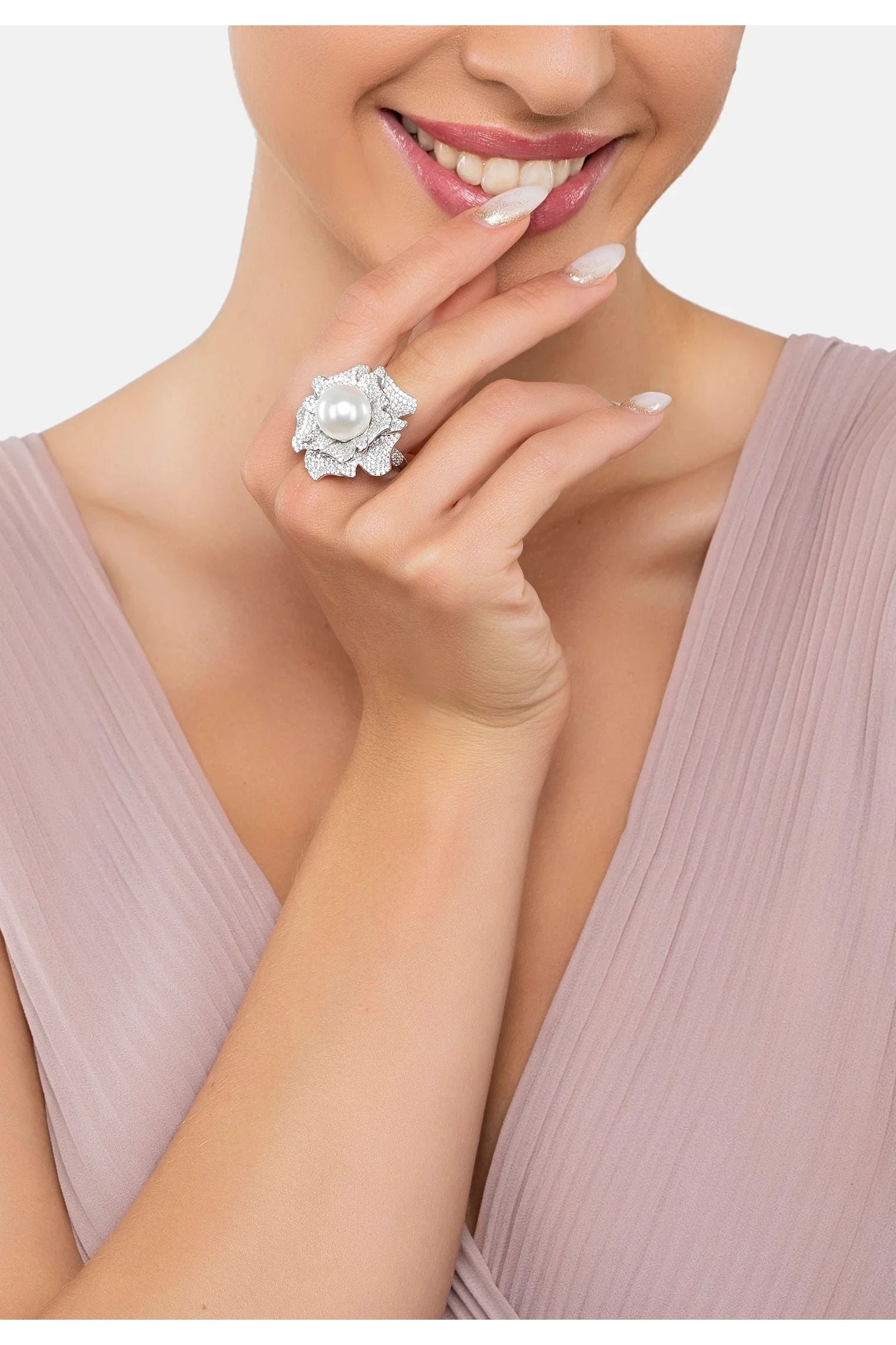 The ring worn by a model.