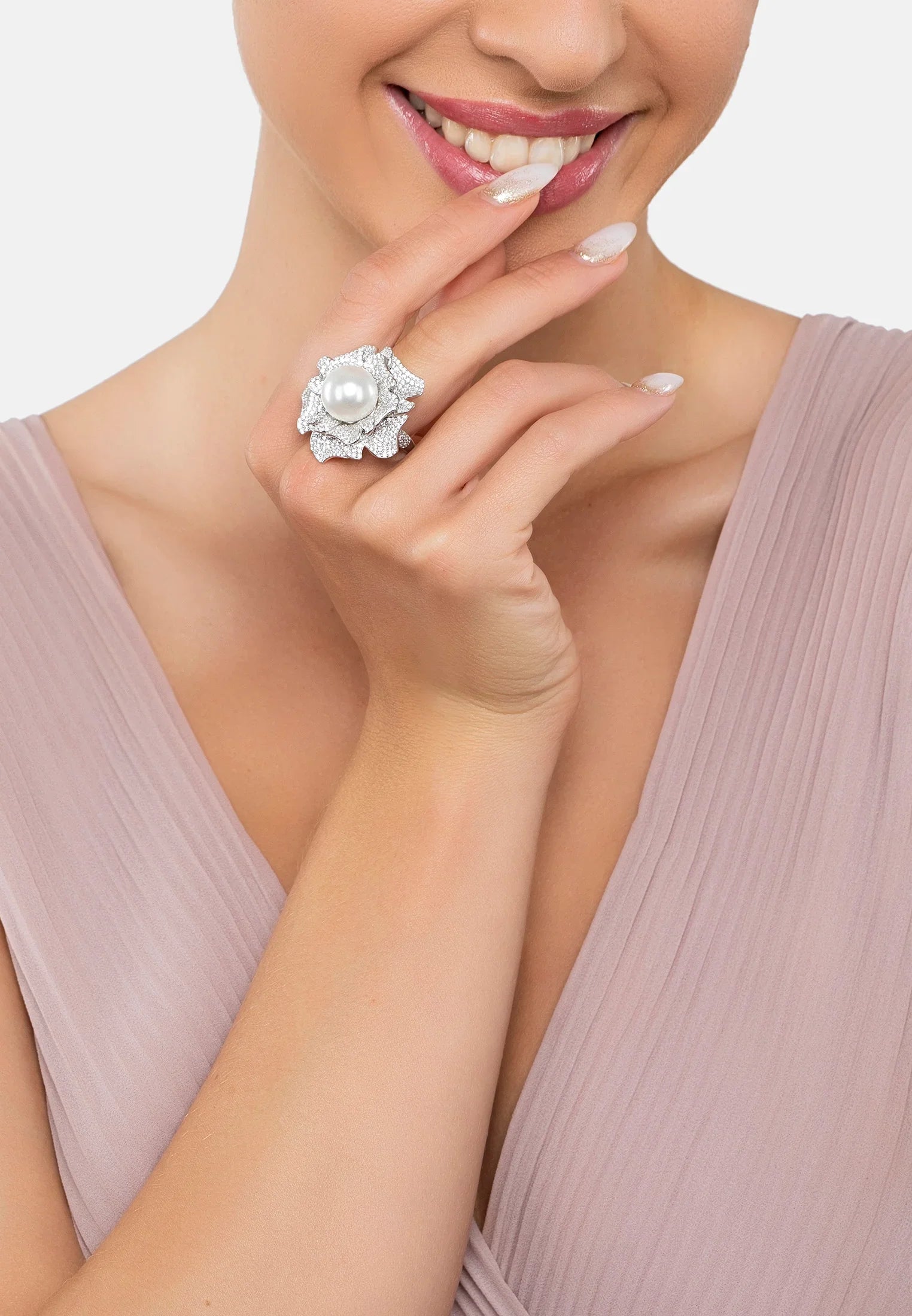 The ring worn by a model.