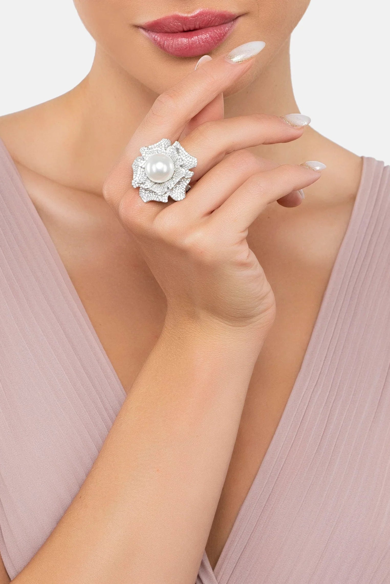 The ring worn by a model.