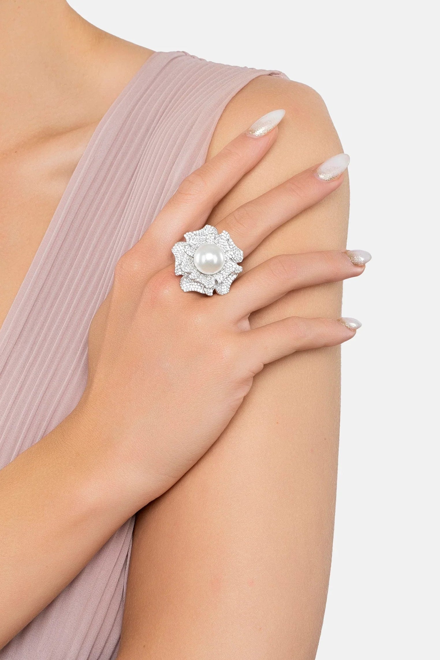 The ring worn by a model.
