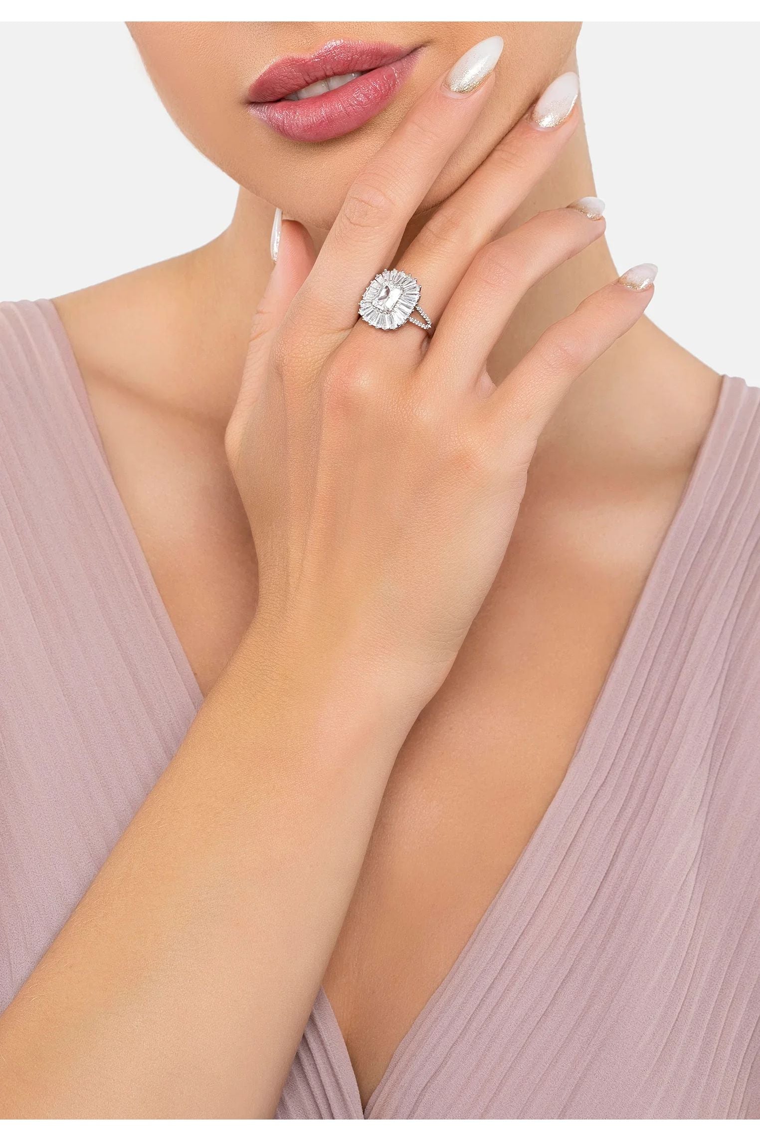 The ring worn by a model.
