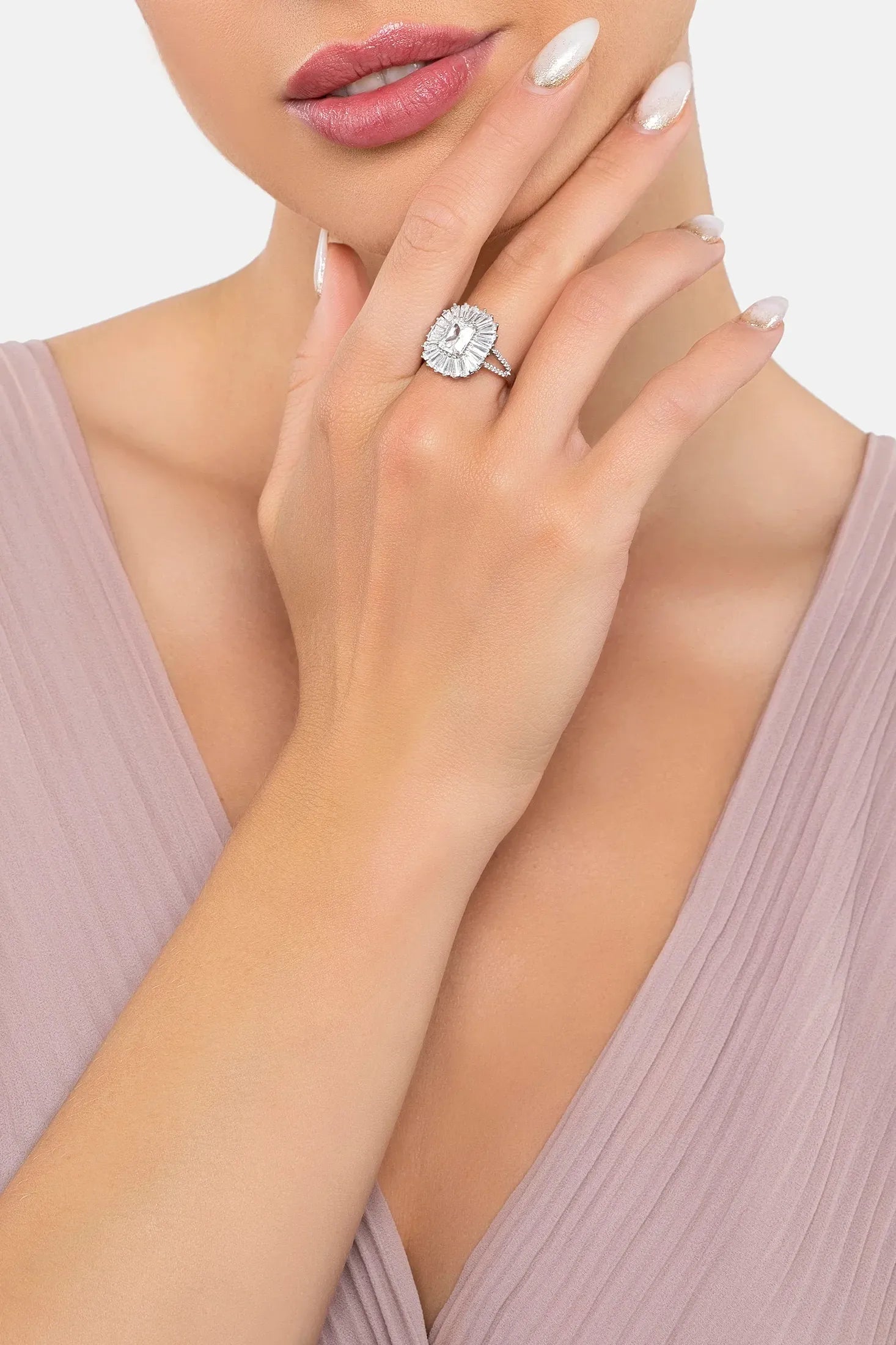 The ring worn by a model.