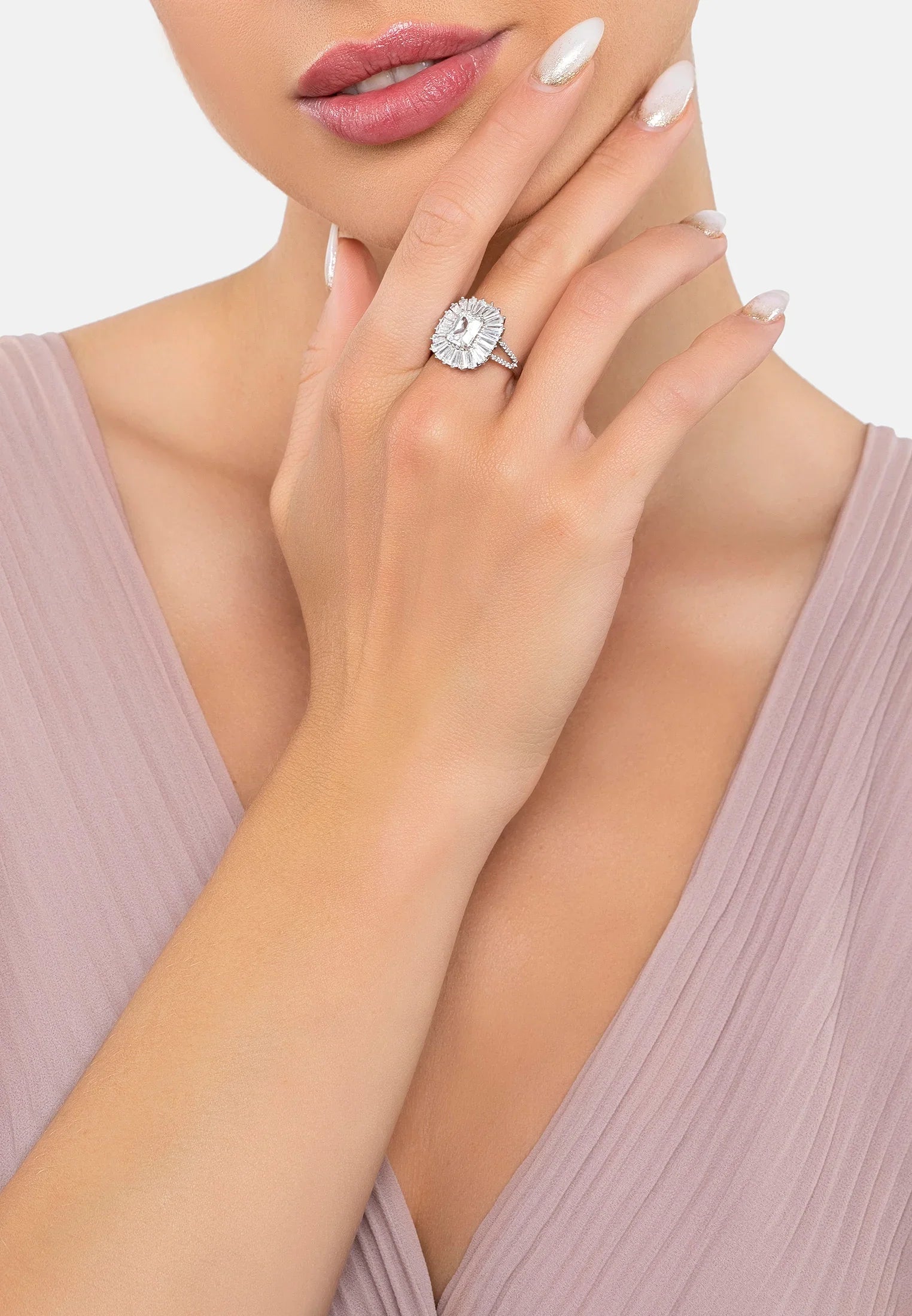 The ring worn by a model.