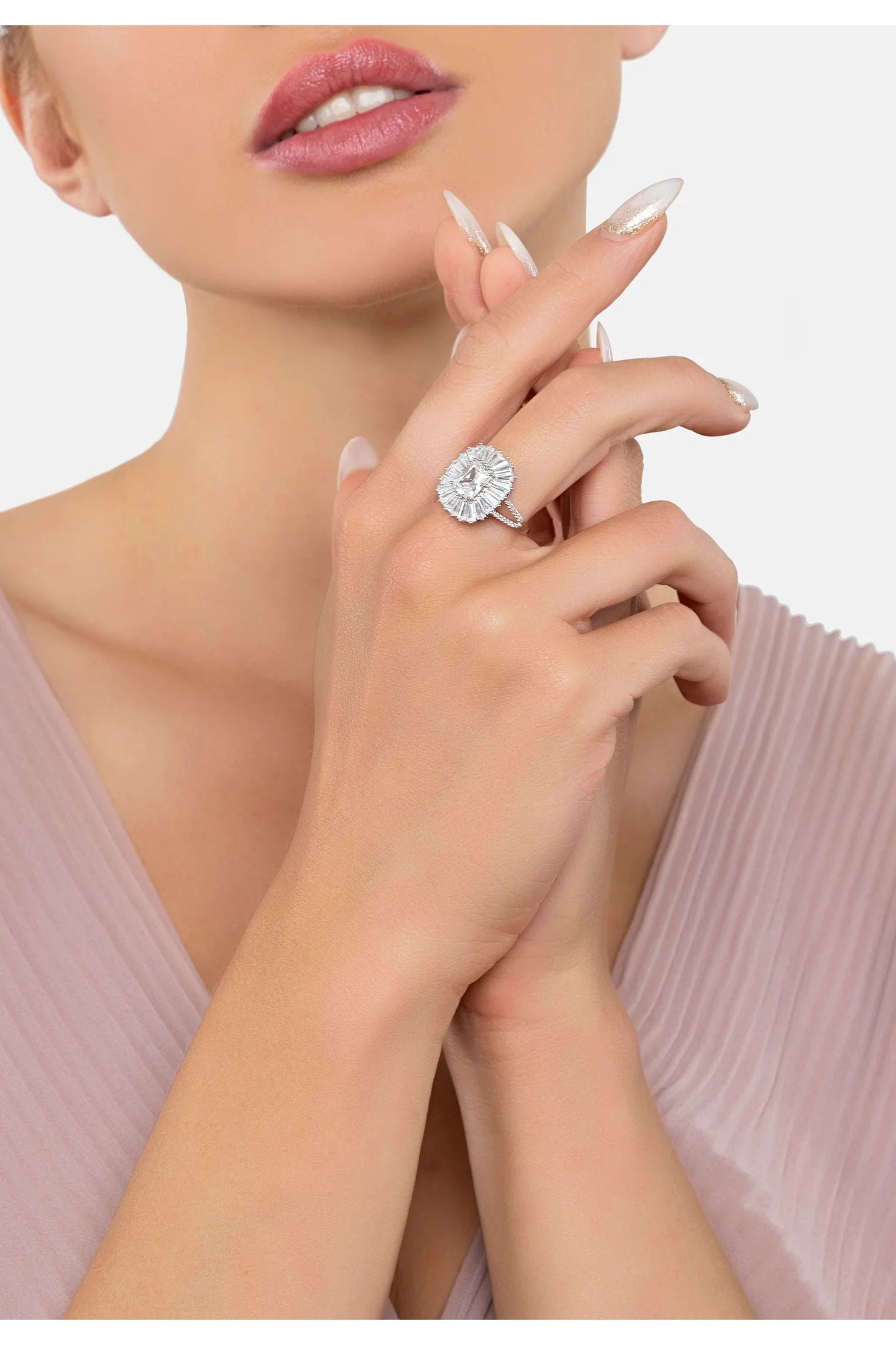 The ring worn by a model.