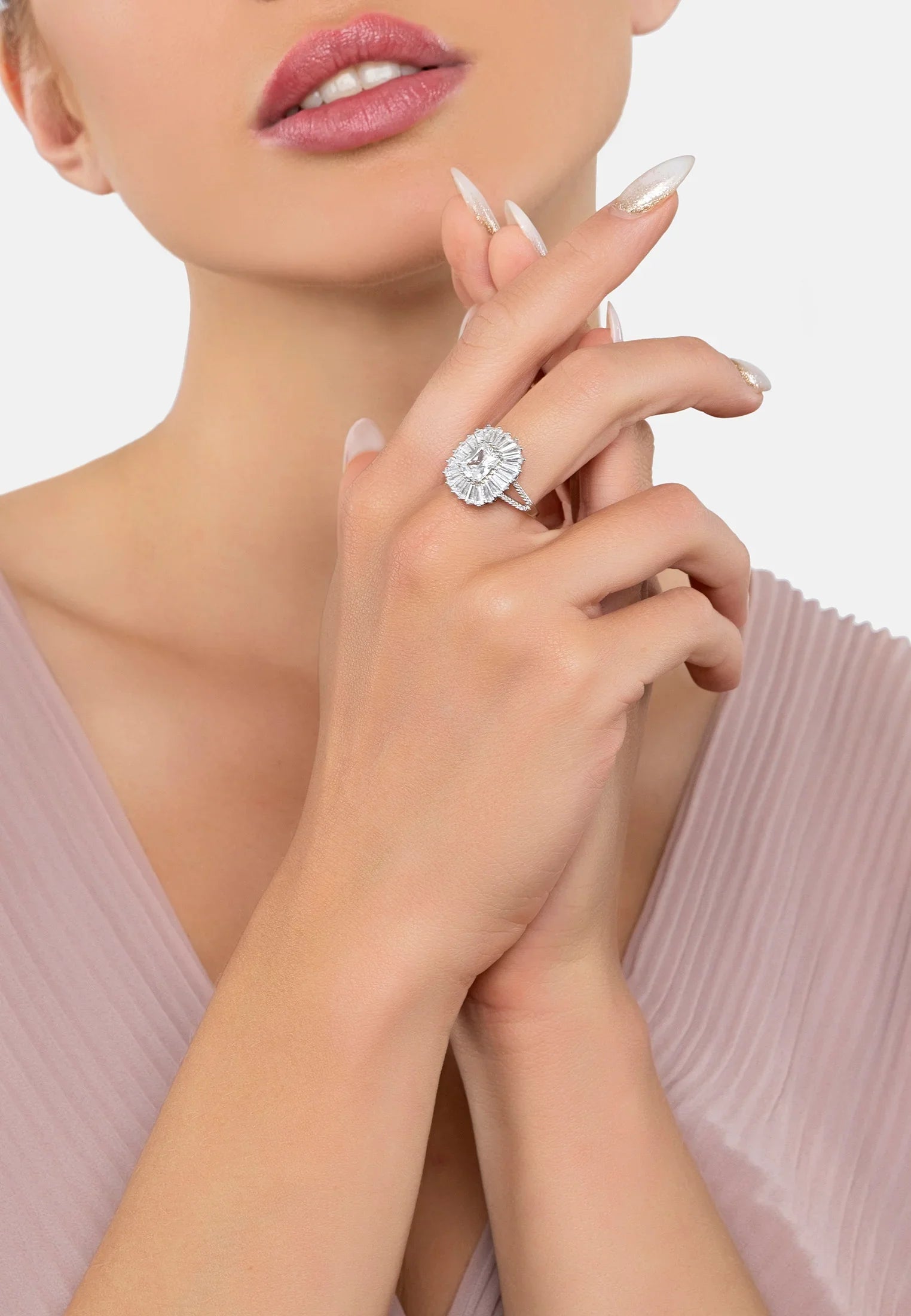 The ring worn by a model.