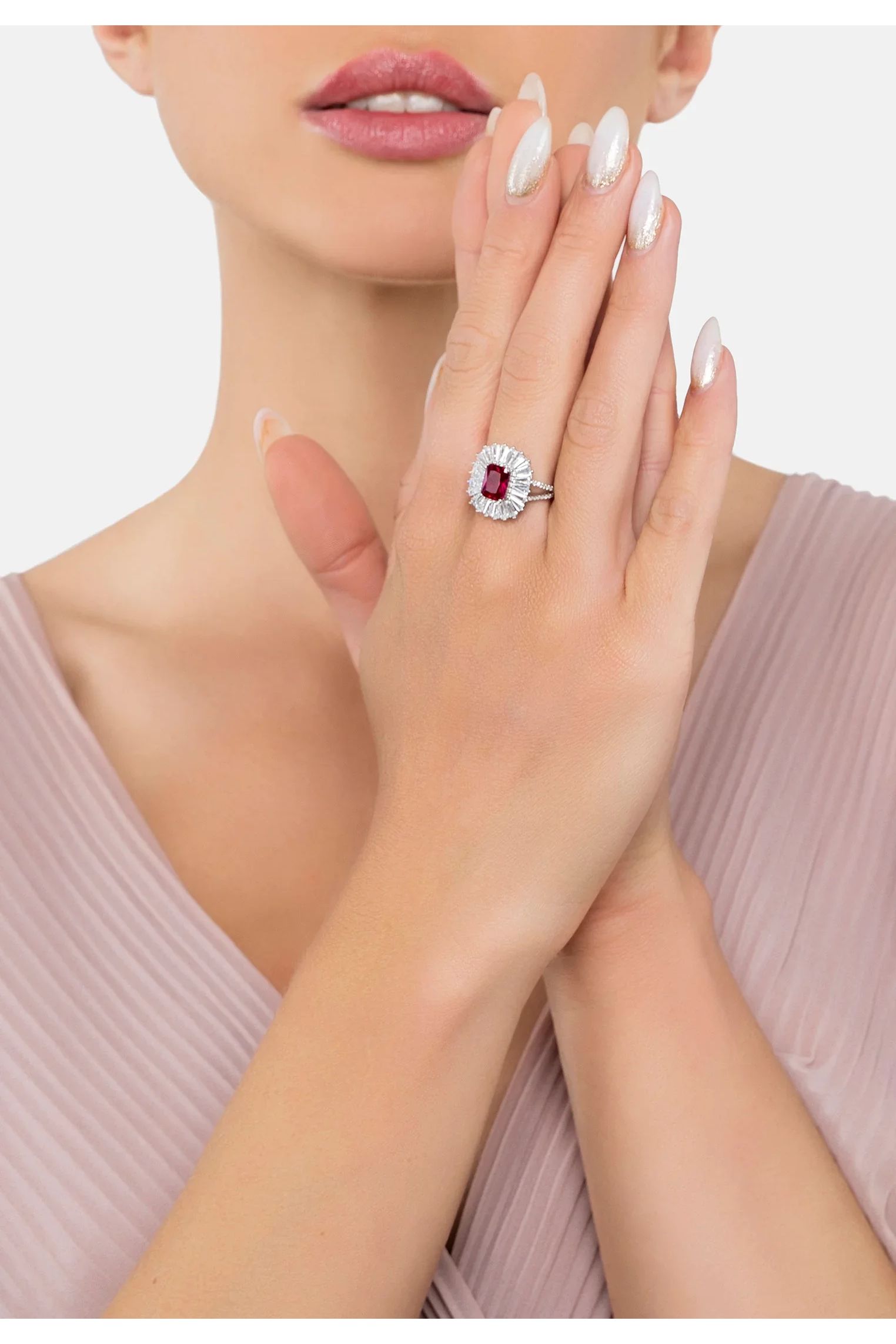 The ring worn by a model.