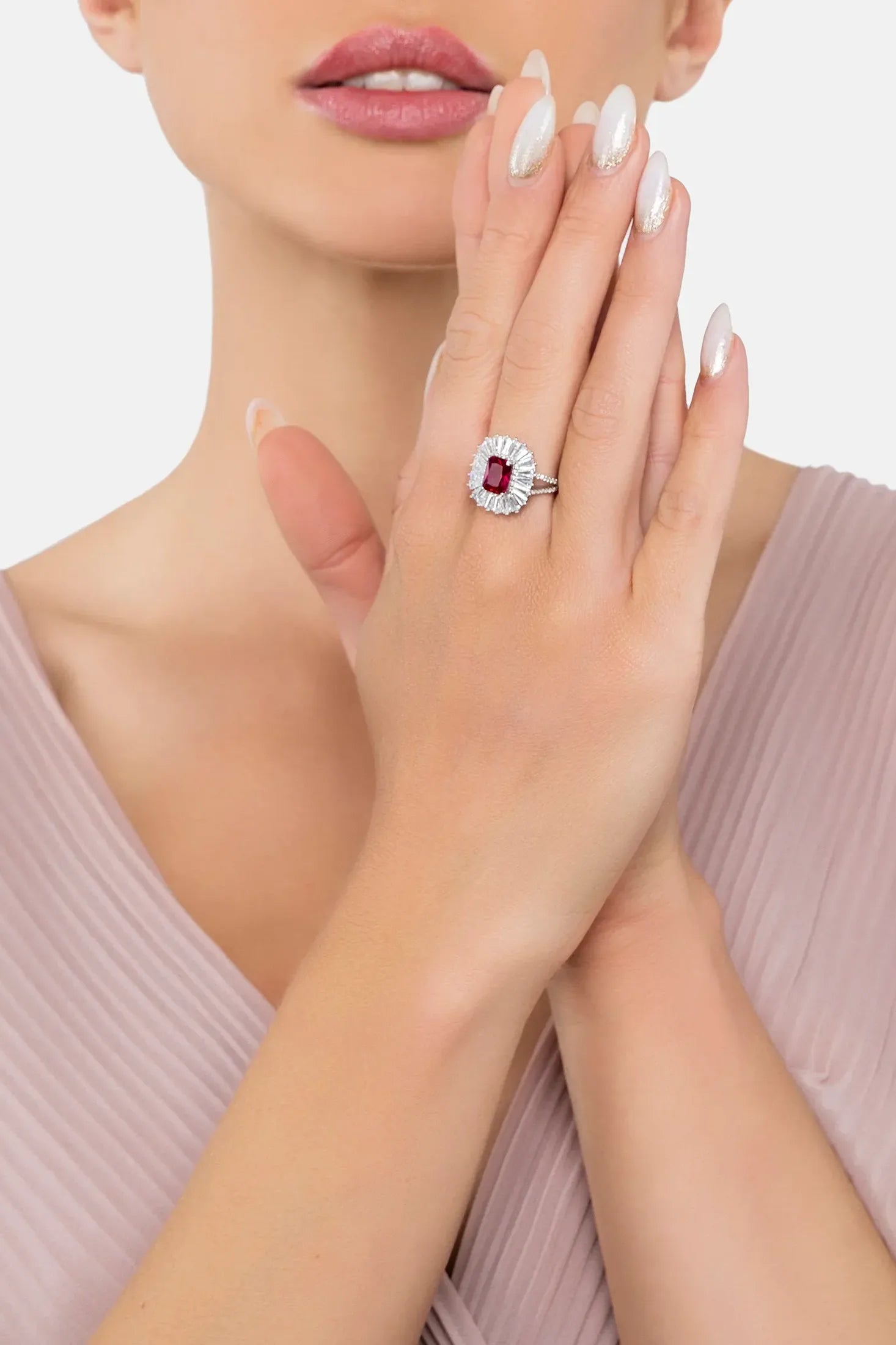 The ring worn by a model.