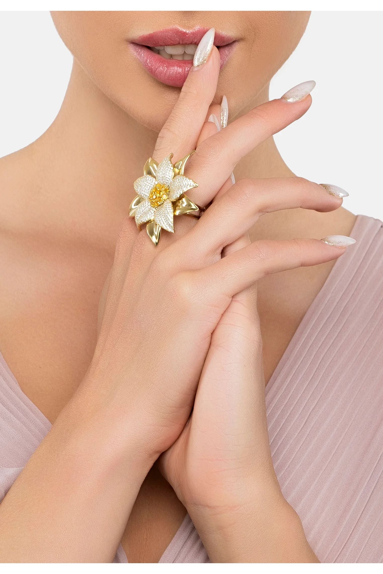 The ring worn by a model.