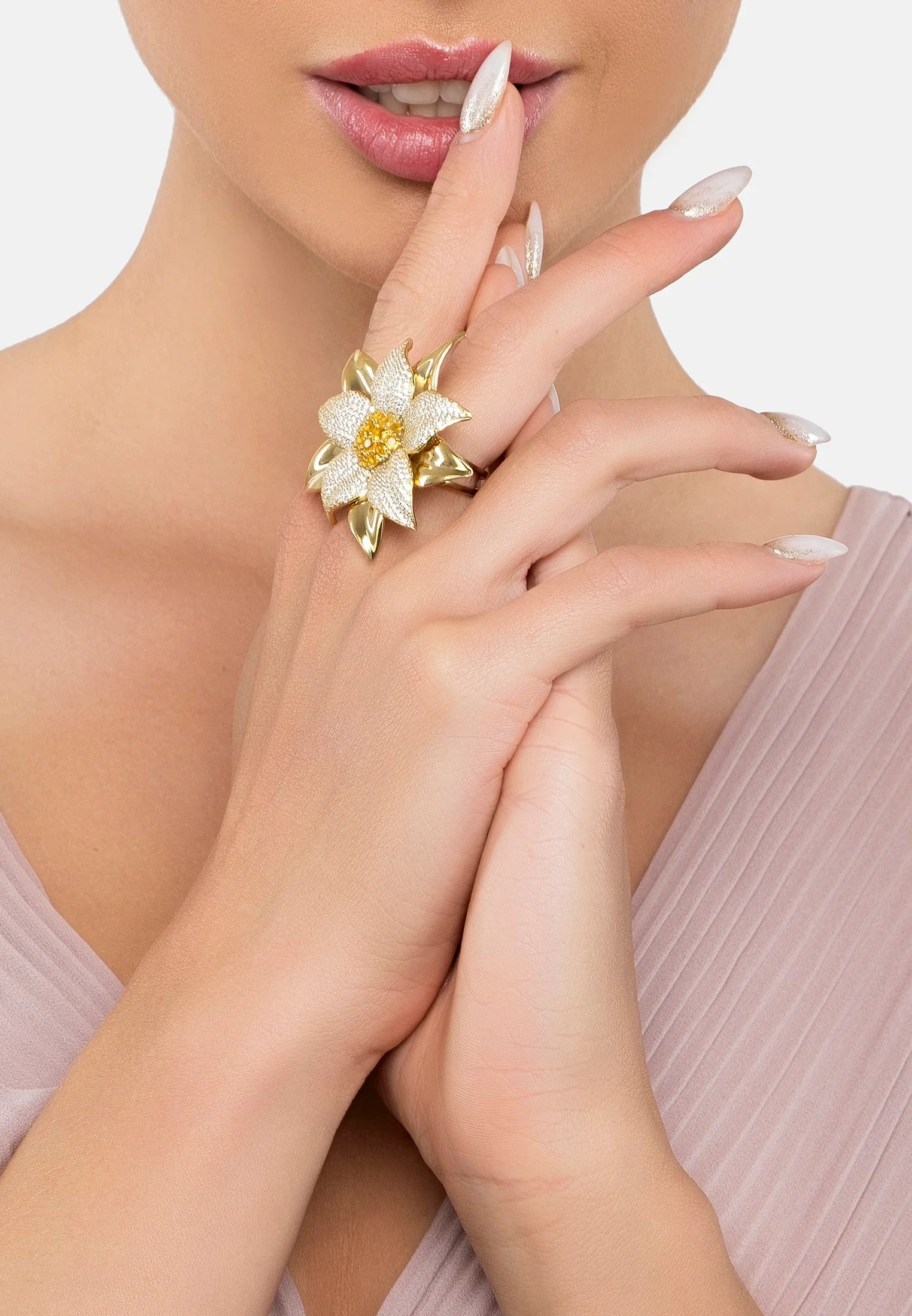 The ring worn by a model.