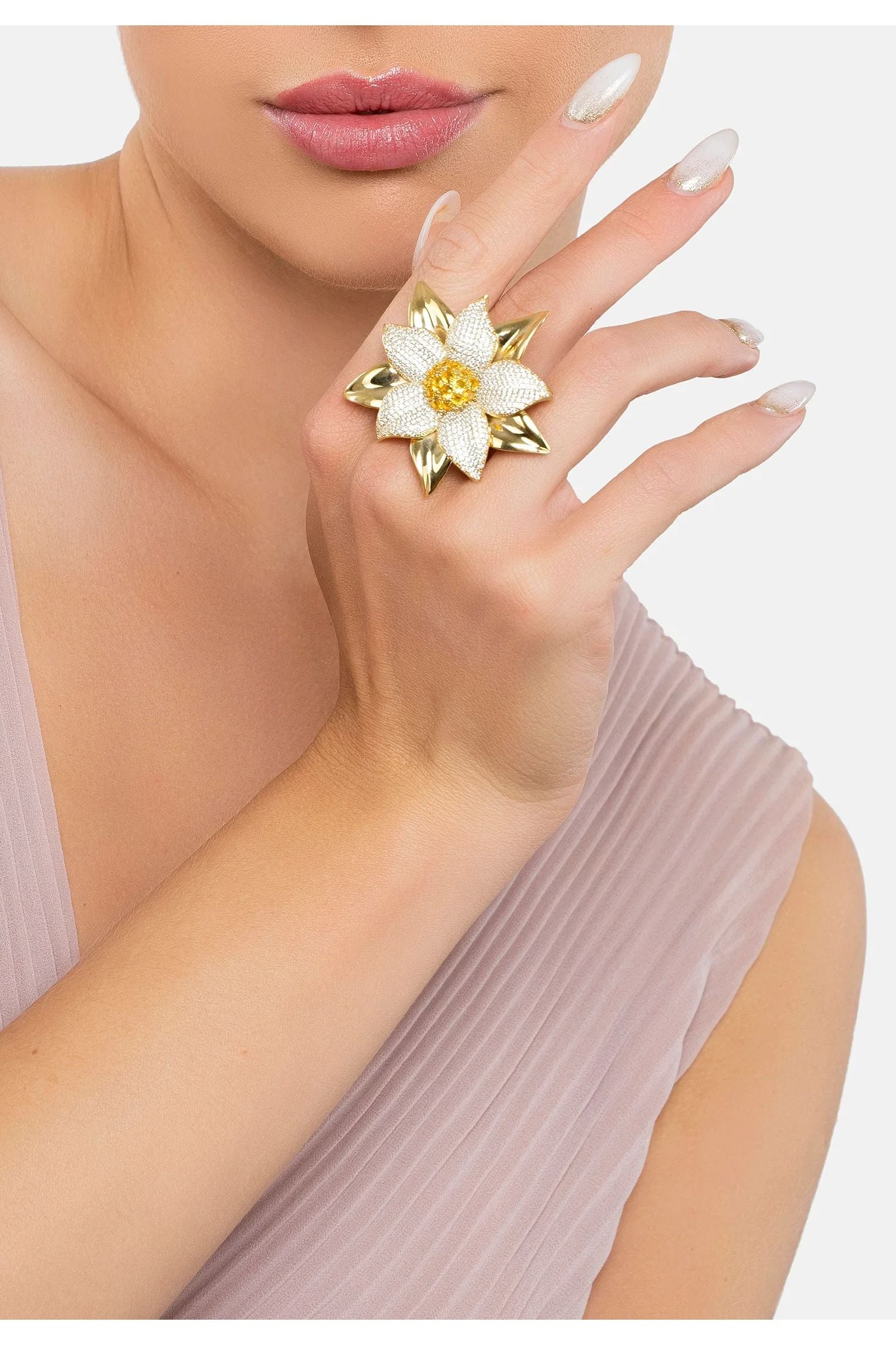 The ring worn by a model.