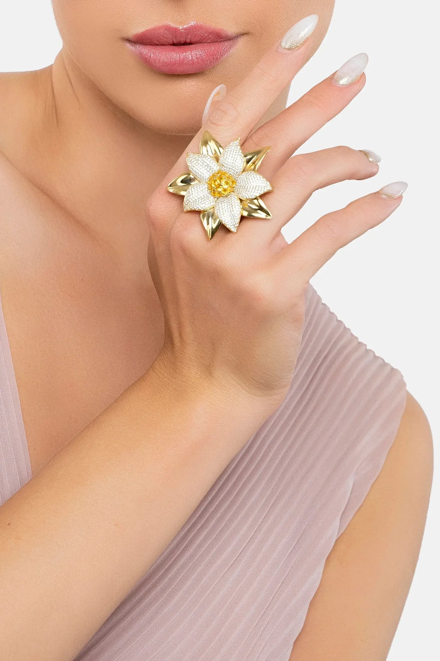 The ring worn by a model.