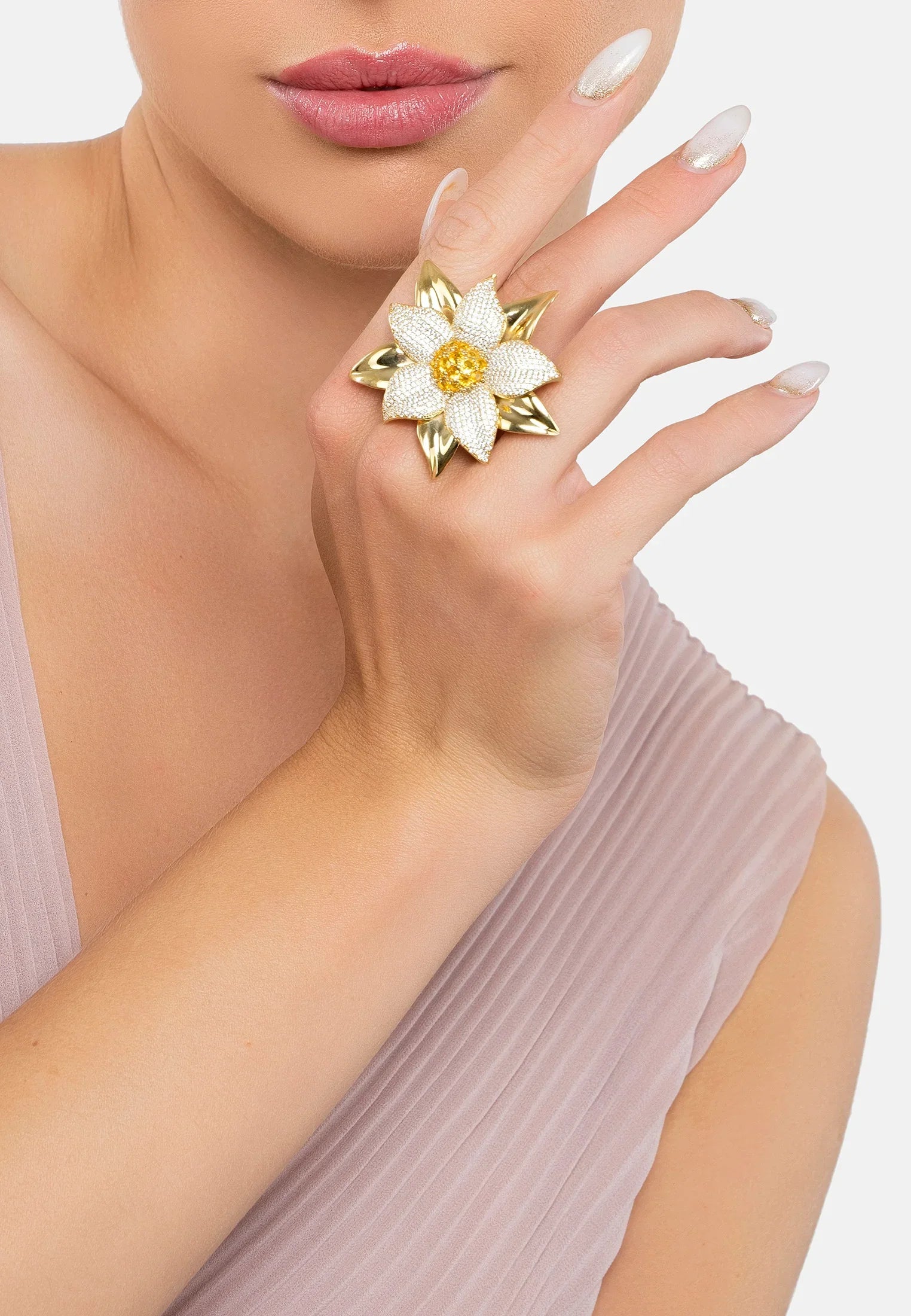 The ring worn by a model.