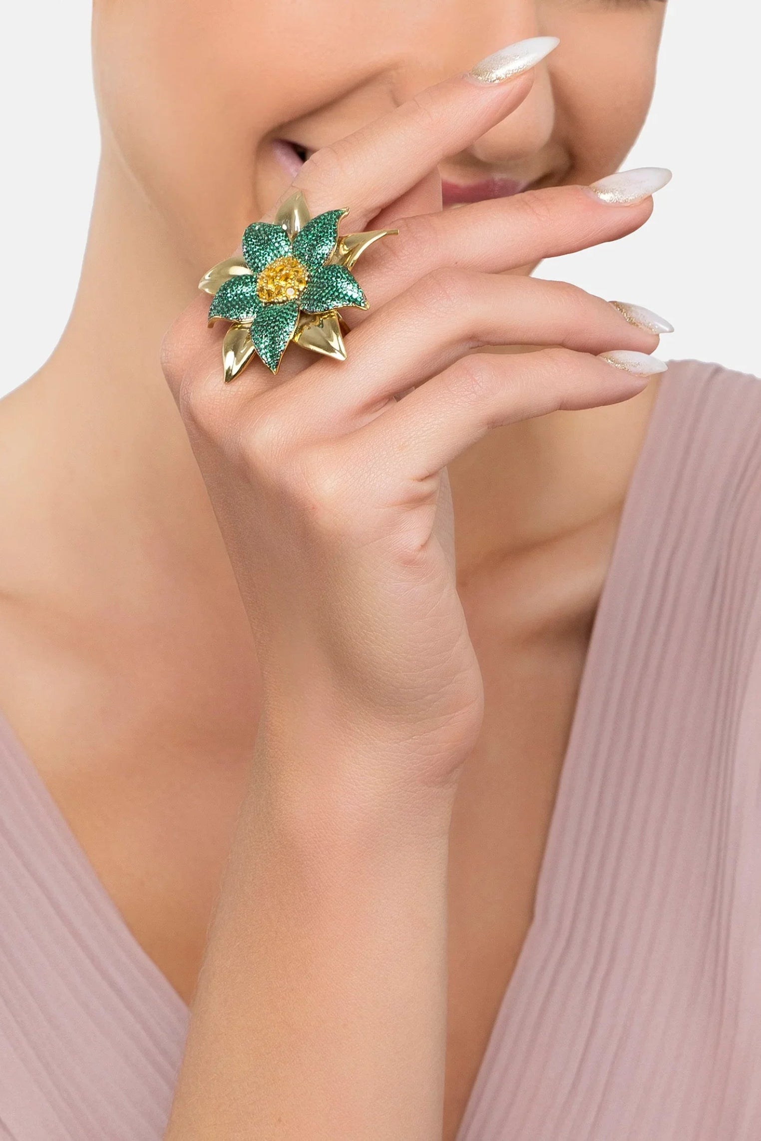 The ring worn by a model.