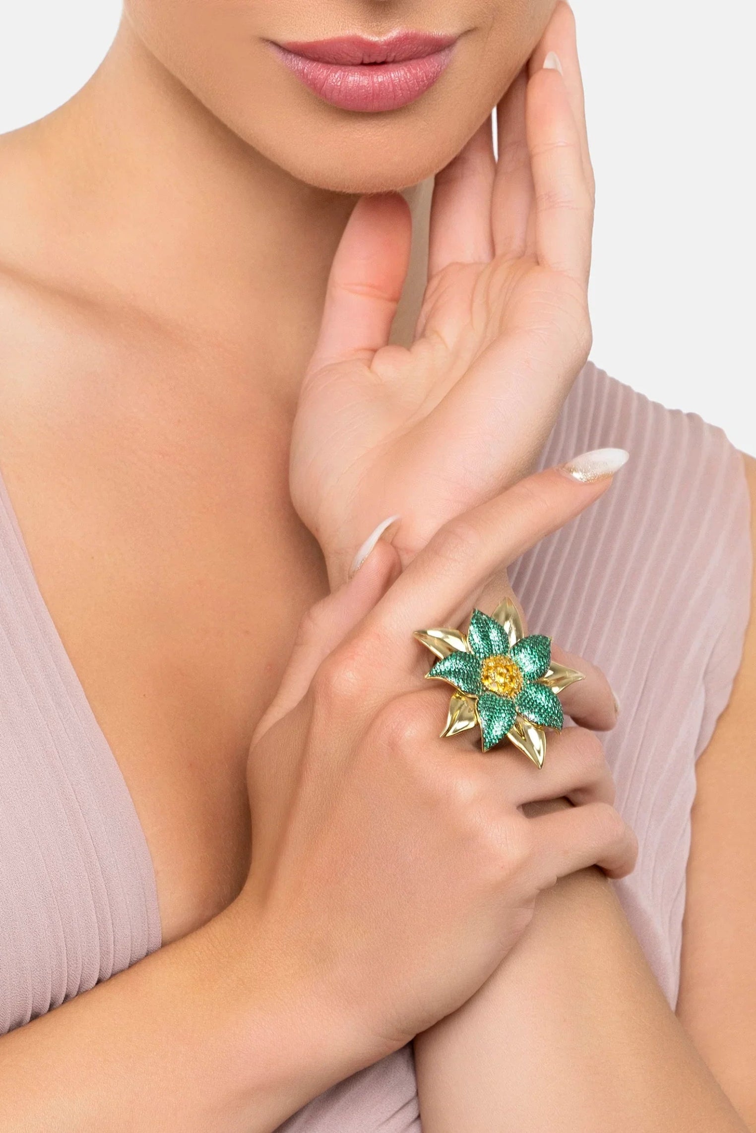 The ring worn by a model.