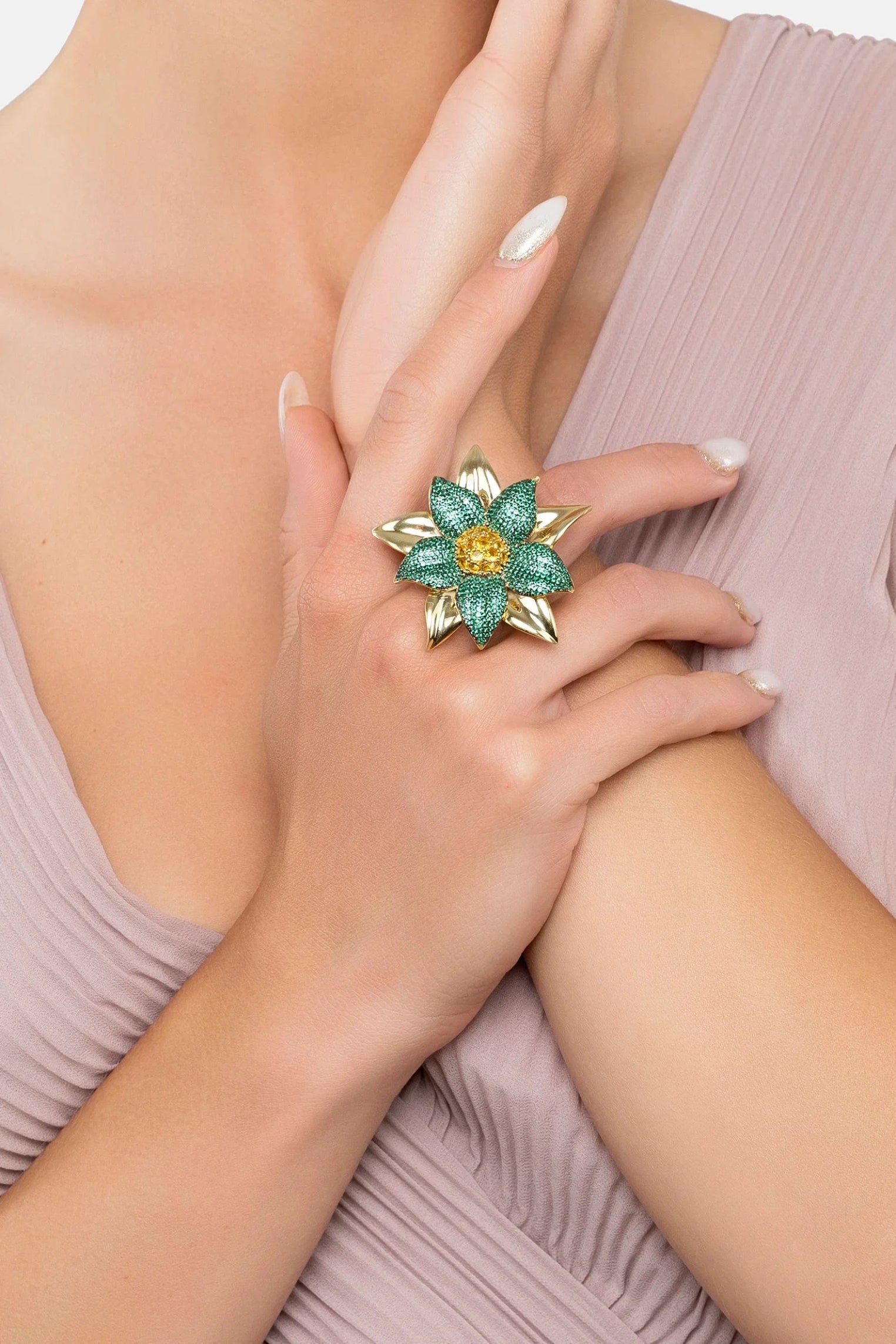 The ring worn by a model.