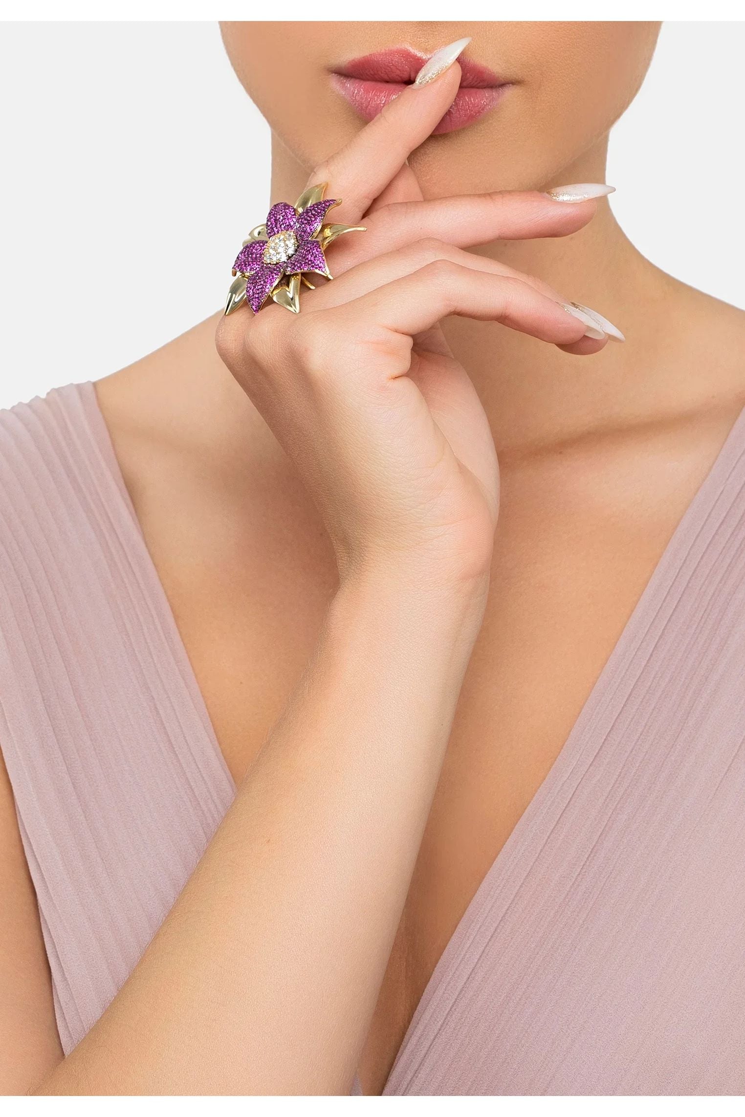 The ring worn by a model.