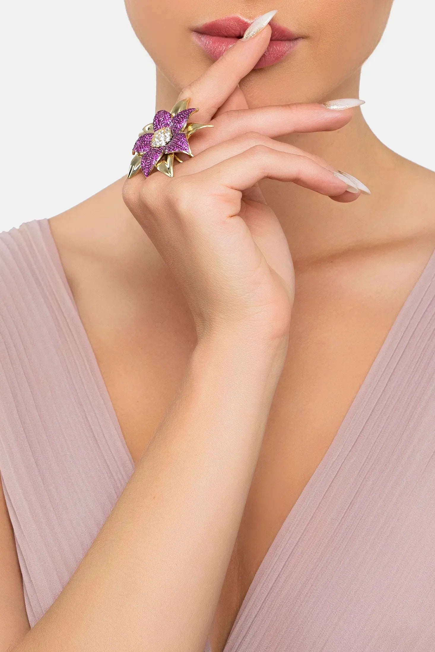 The ring worn by a model.
