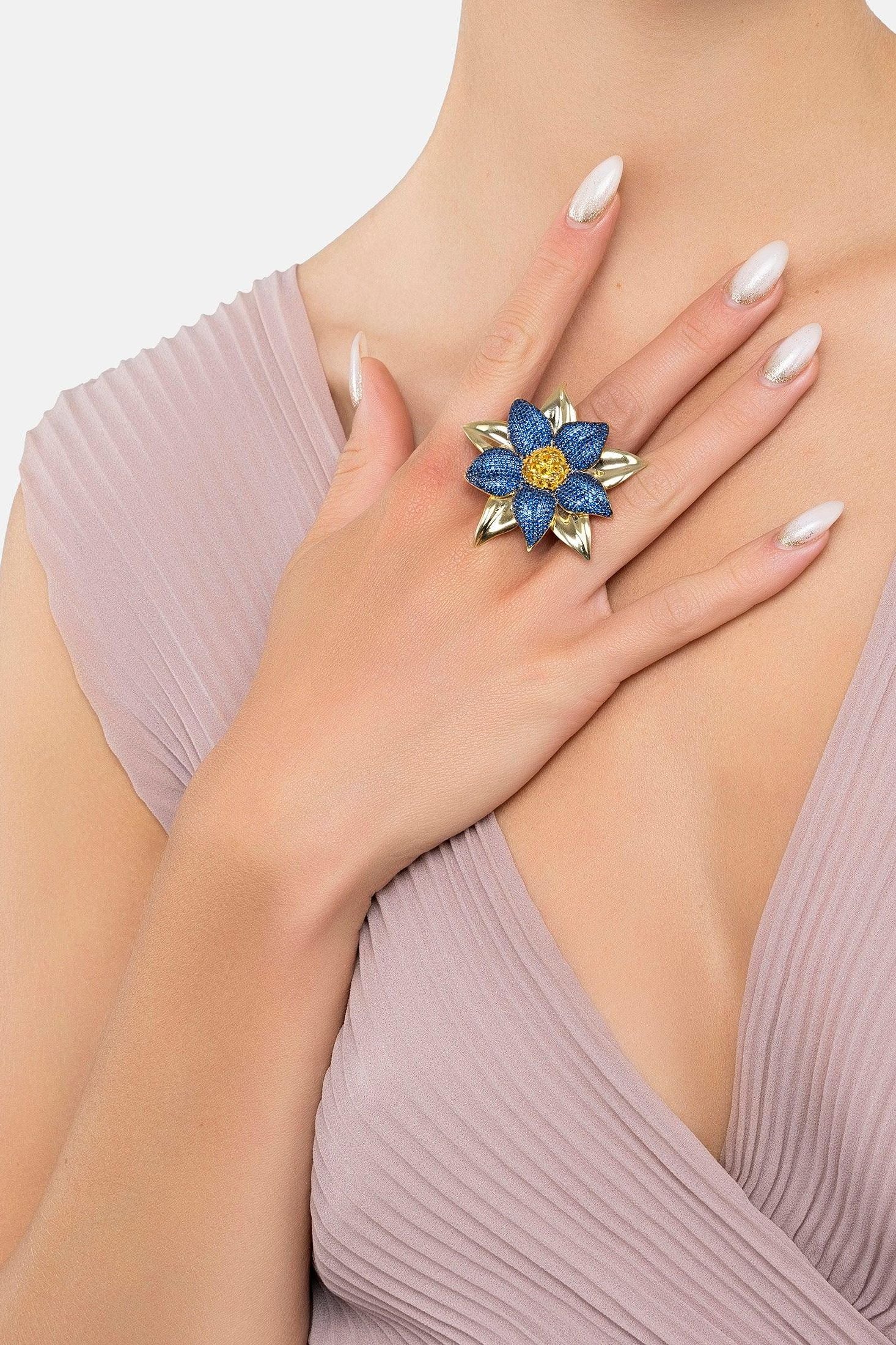 The ring worn by a model.