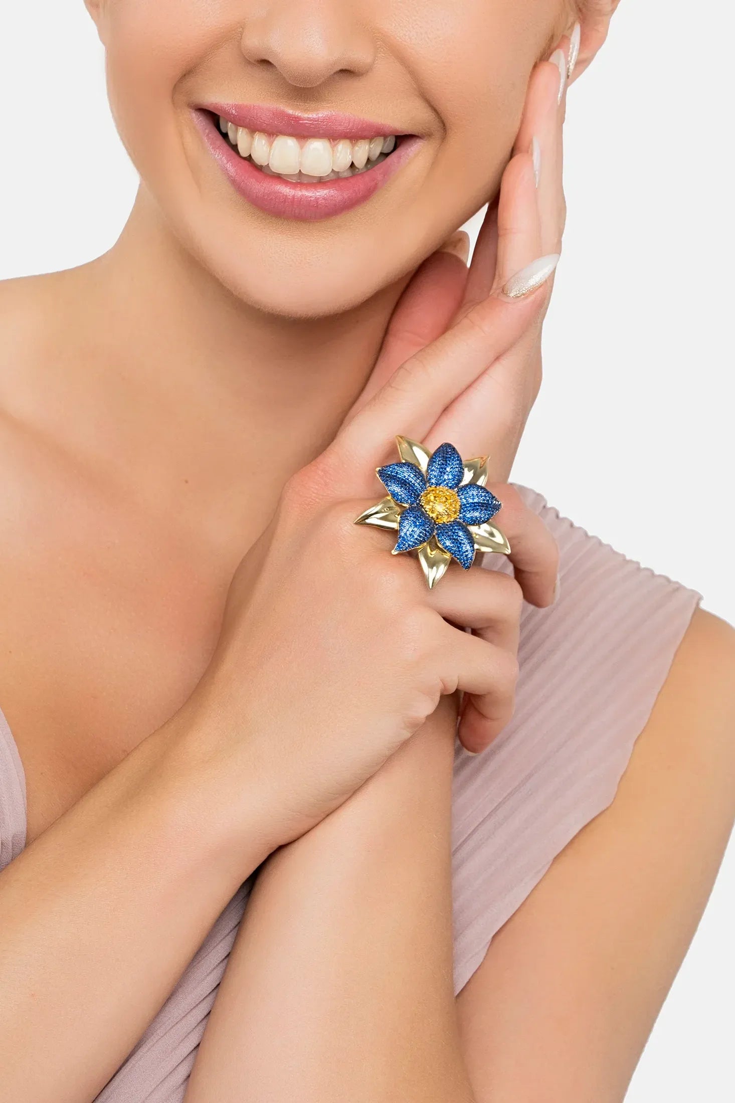 The ring worn by a model.