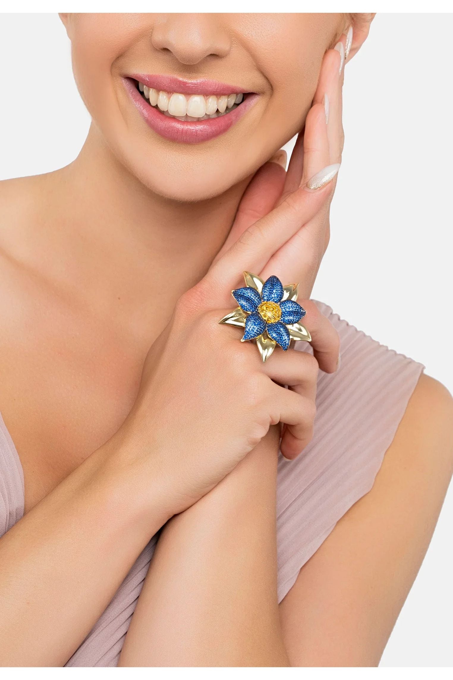 The ring worn by a model.