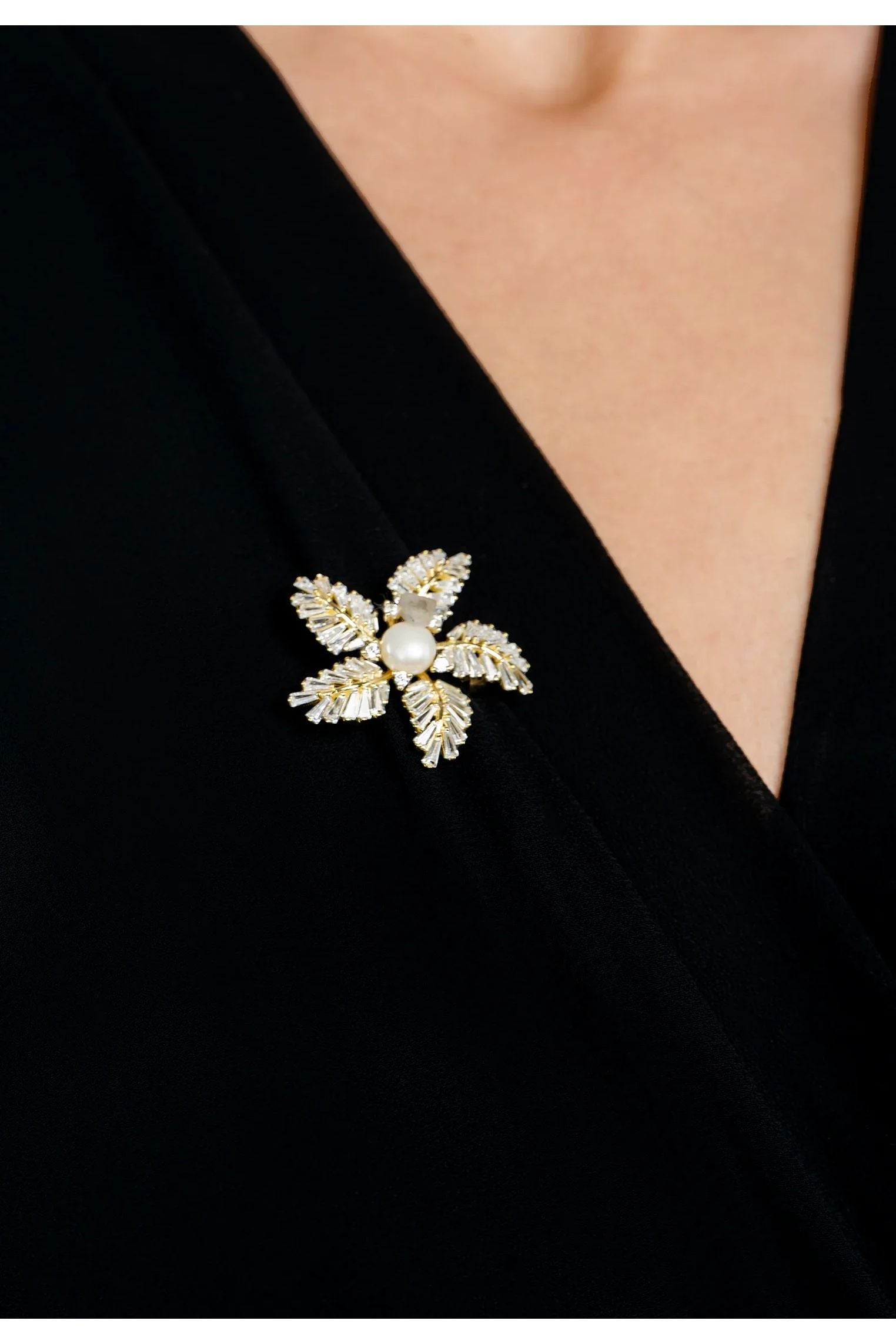 The brooch worn by a model.