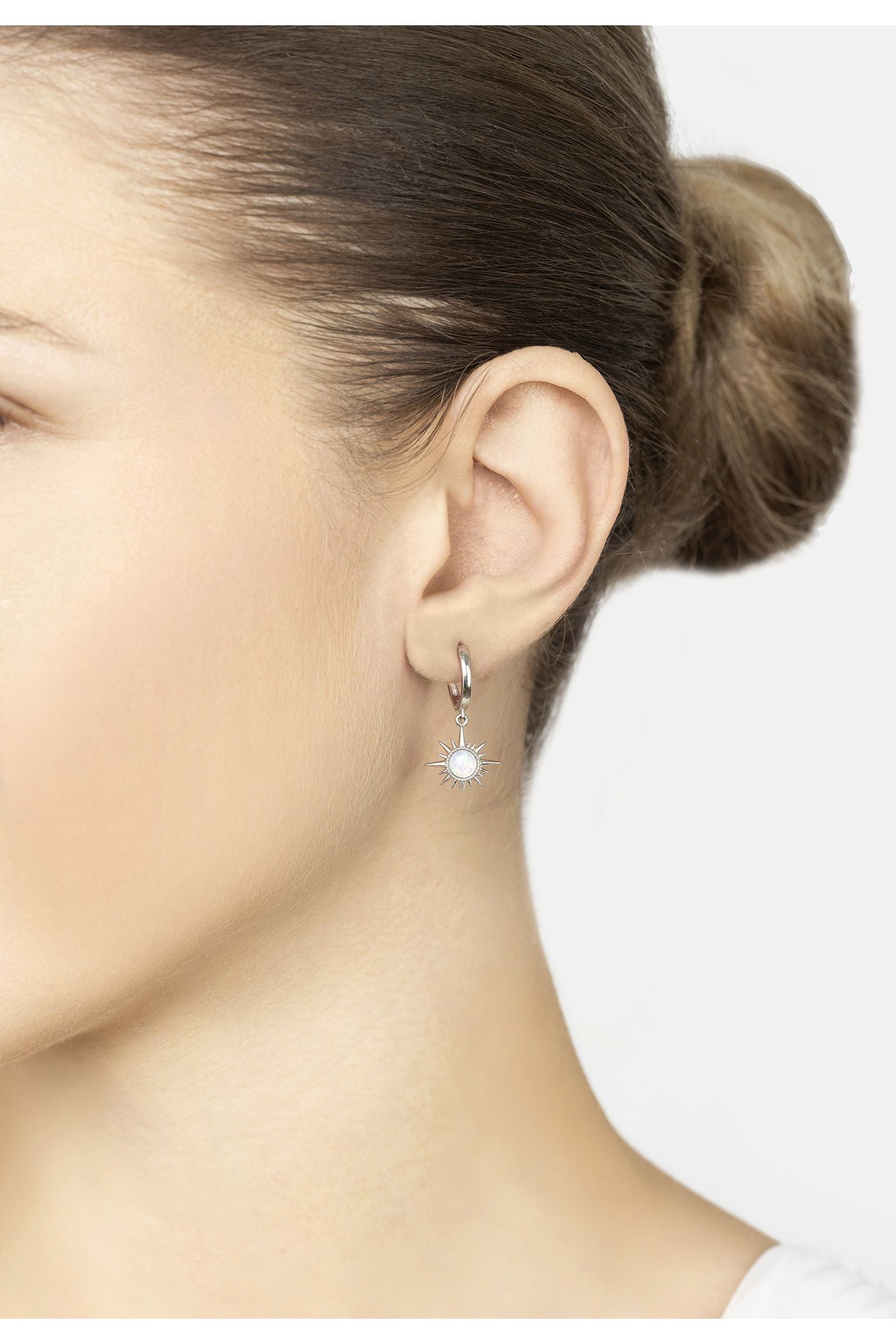 Apollo White Opal Starburst Huggie Hoop Earrings Silver