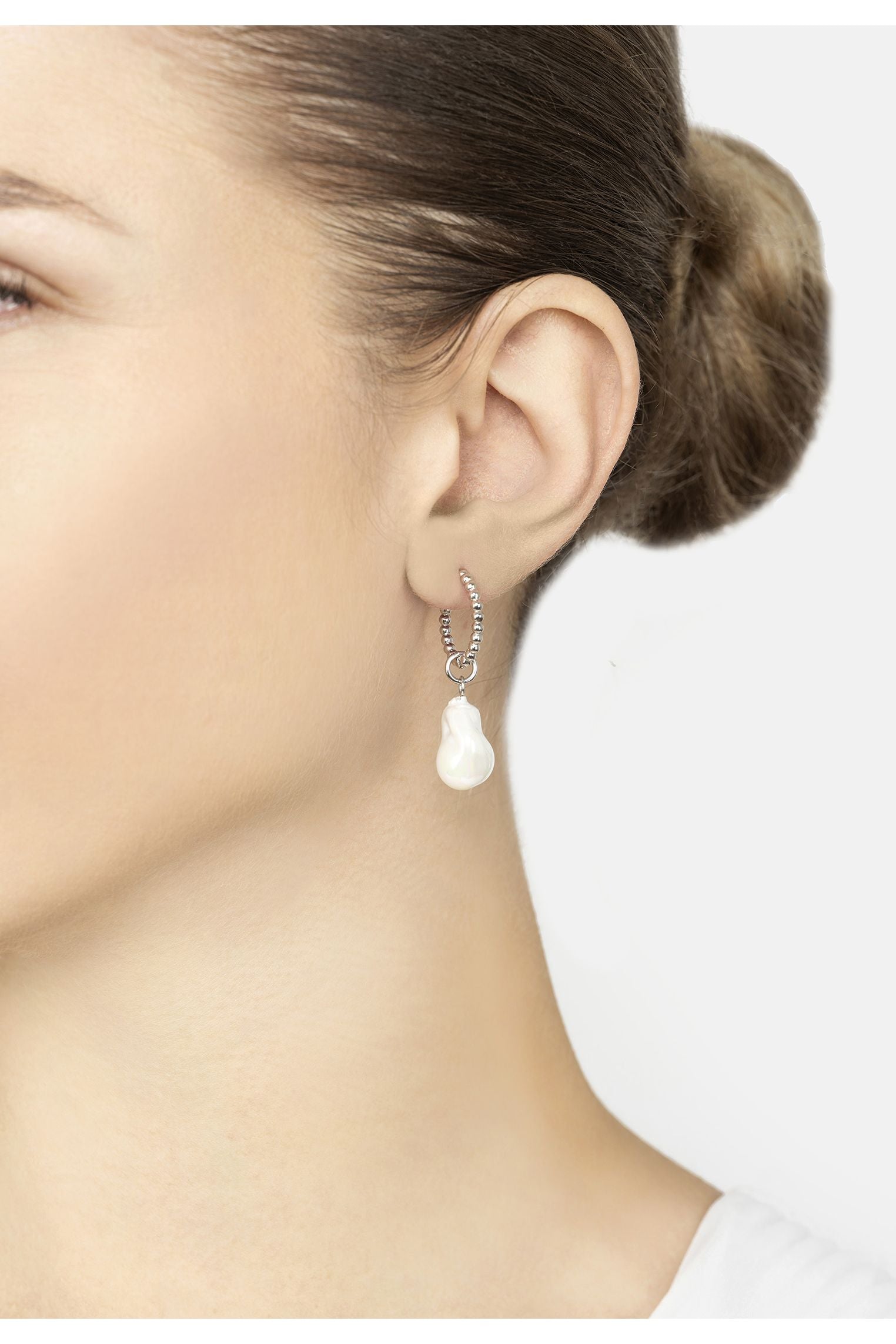 Baroque Pearl Beaded Hoop Earrings Silver