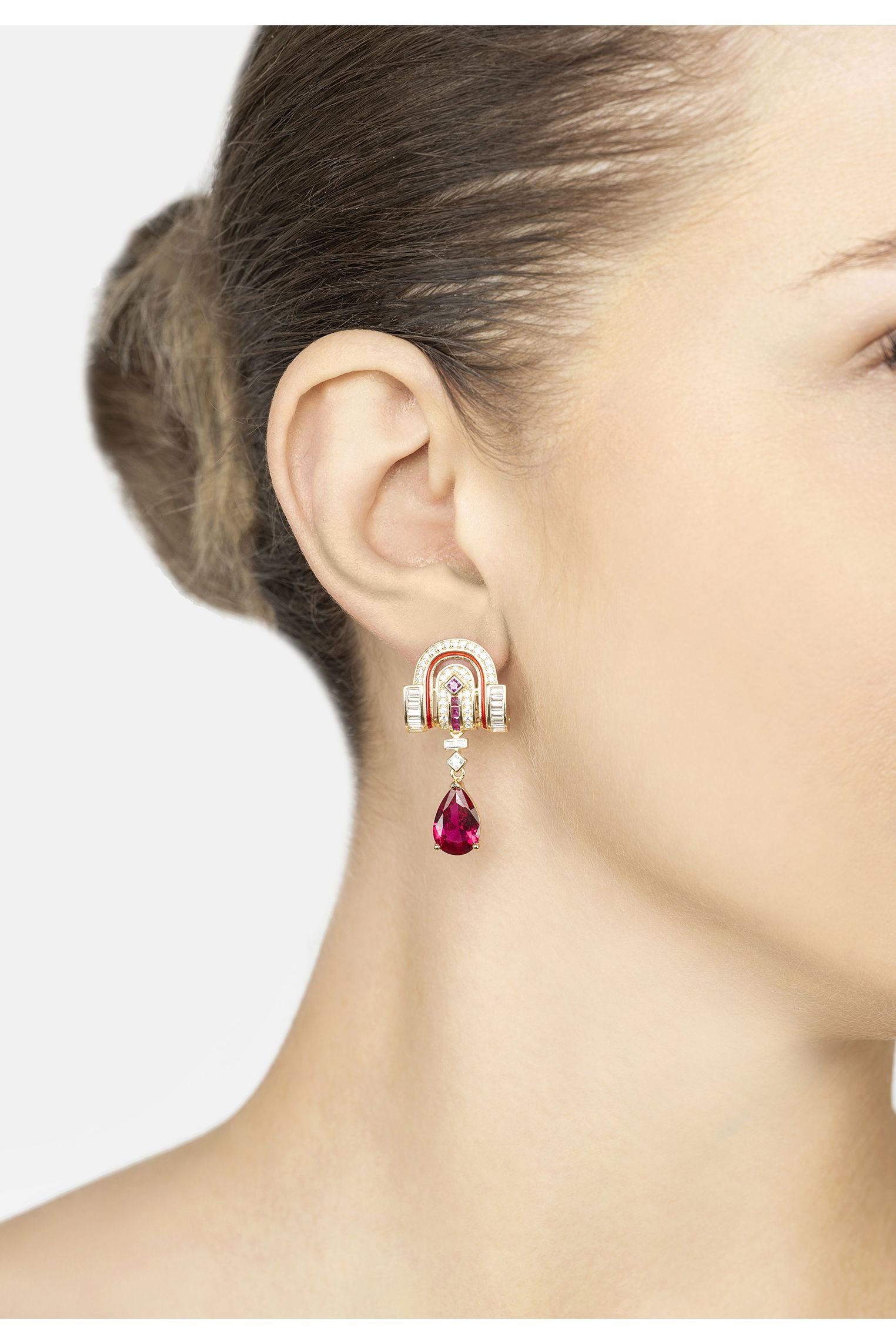 Savoy Art Deco Drop Earrings Ruby Gold
