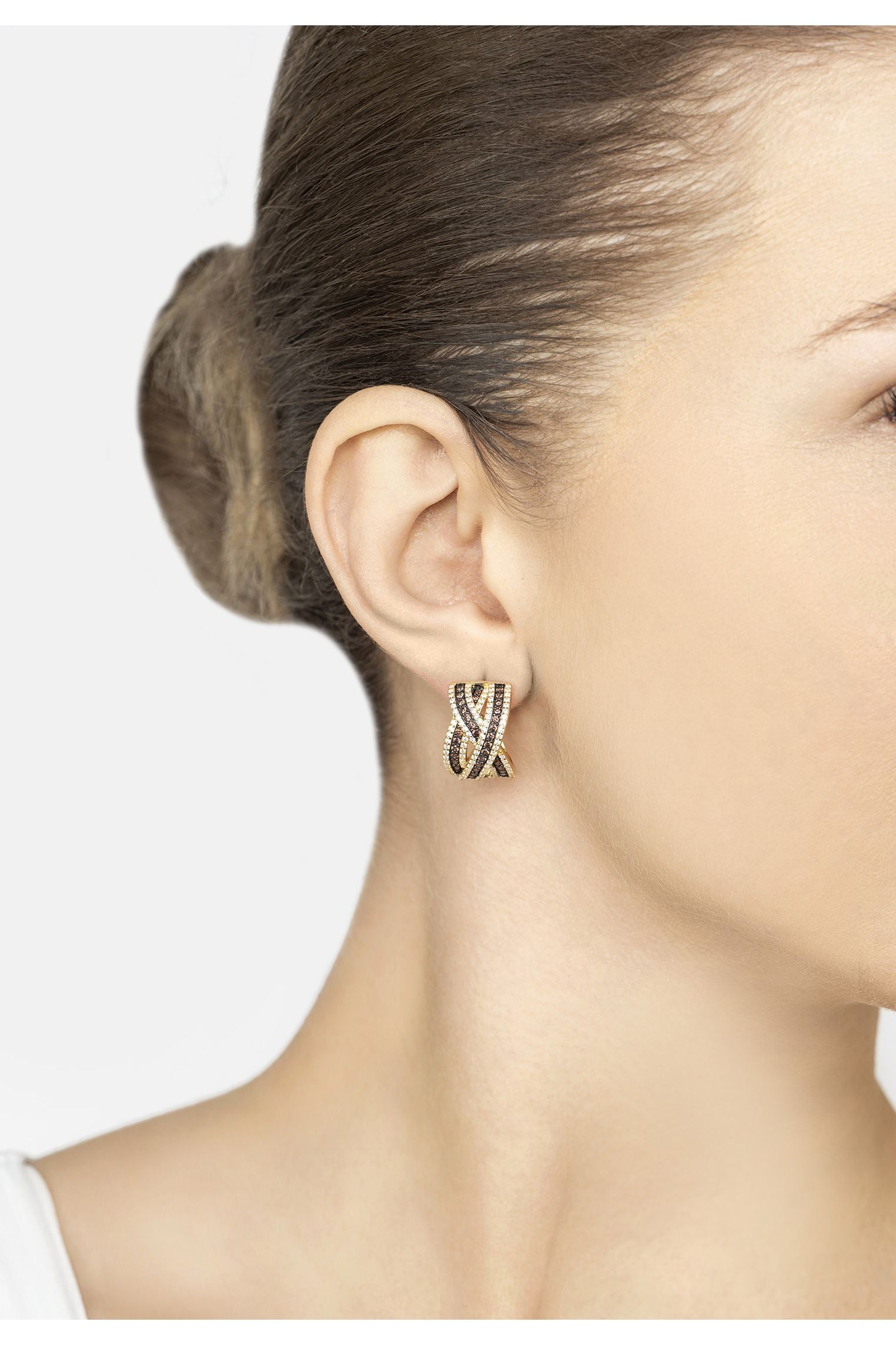 Crossover Hoop Earrings Brown Cz Gold