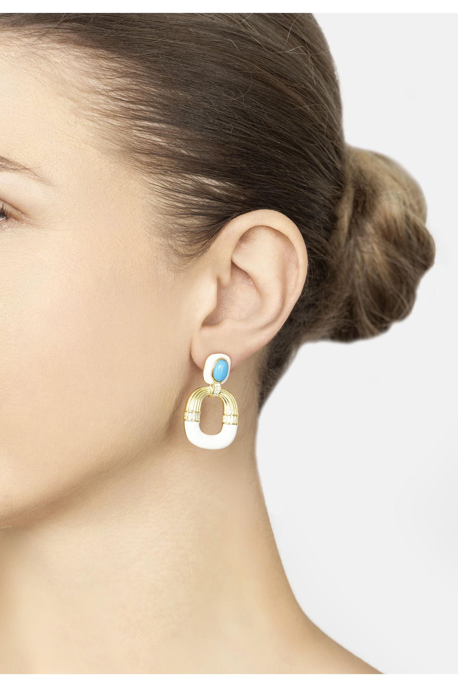 Deco Darling Drop Earrings Turquoise And White Enamel Gold