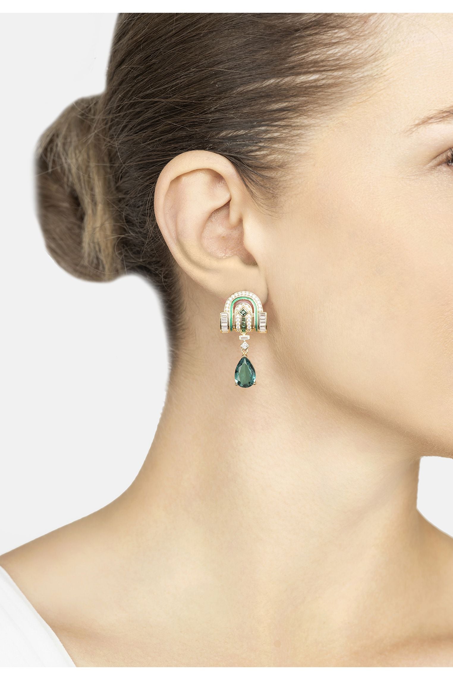 Savoy Art Deco Drop Earrings Emerald Gold