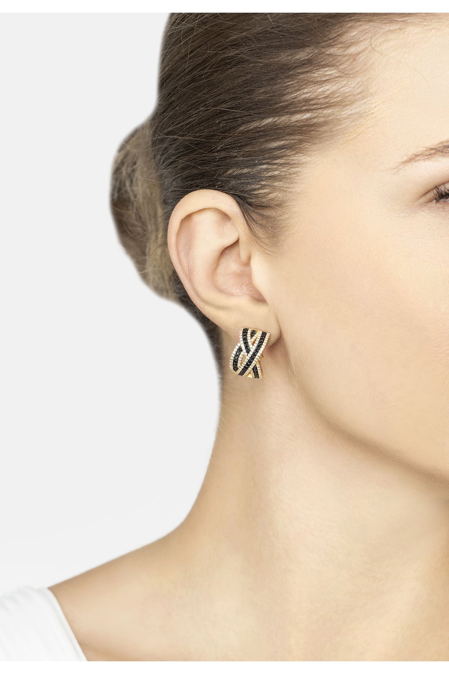 Crossover Hoop Earrings Black Cz Gold