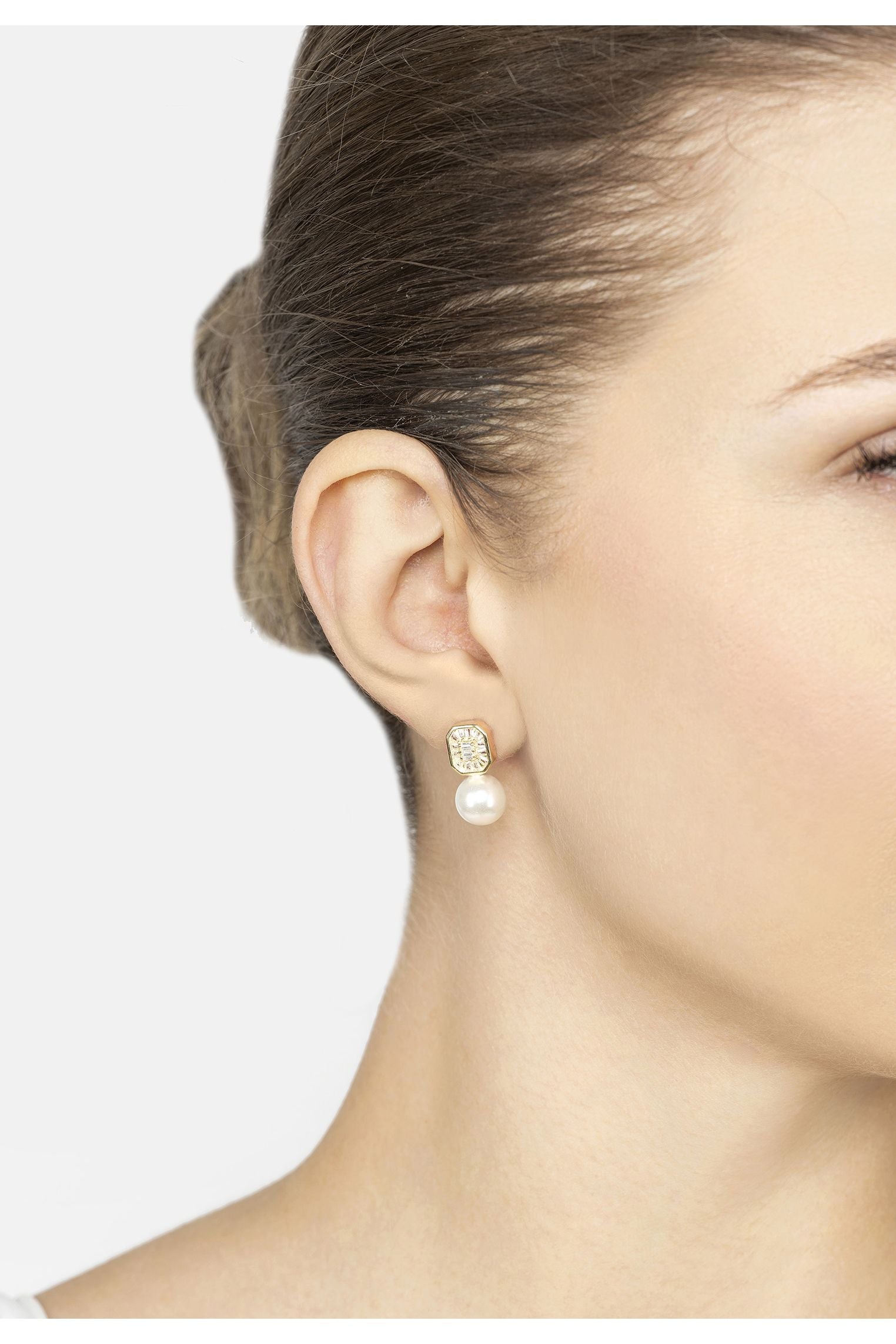 Pearl Rectangular Cz Drop Earrings Gold