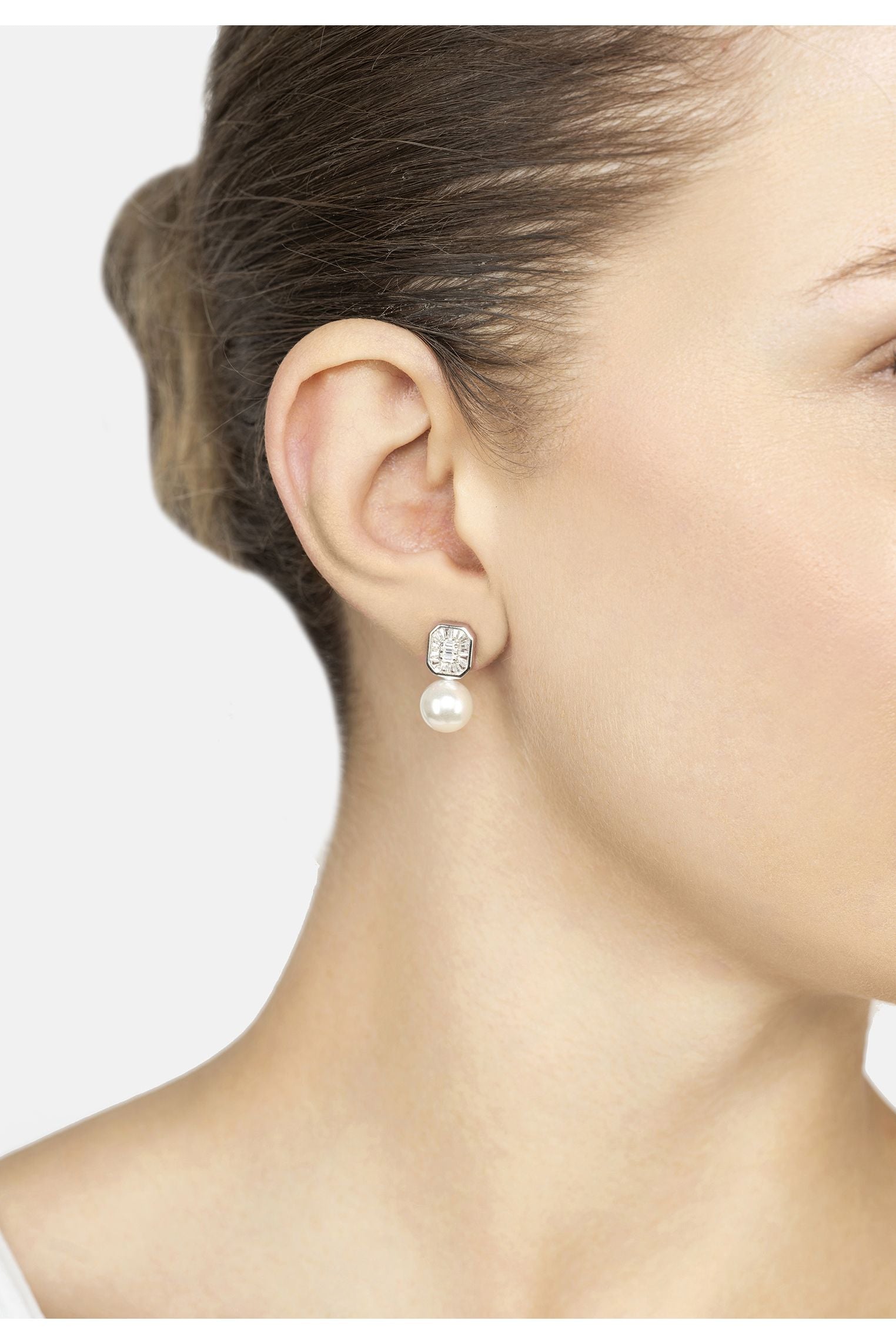 Pearl Rectangular Cz Drop Earrings Silver