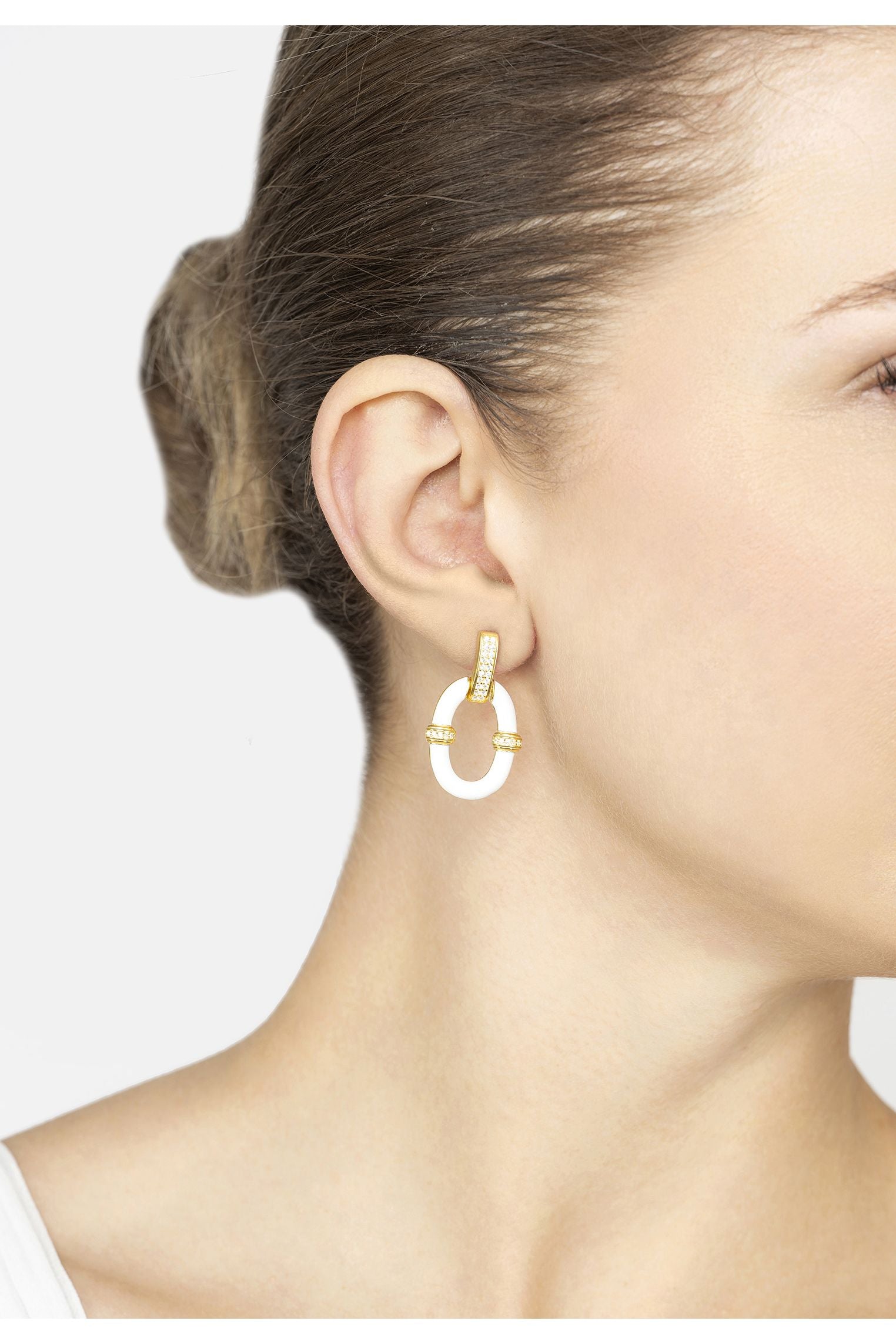 White Enamel Oval Drop Earrings Gold