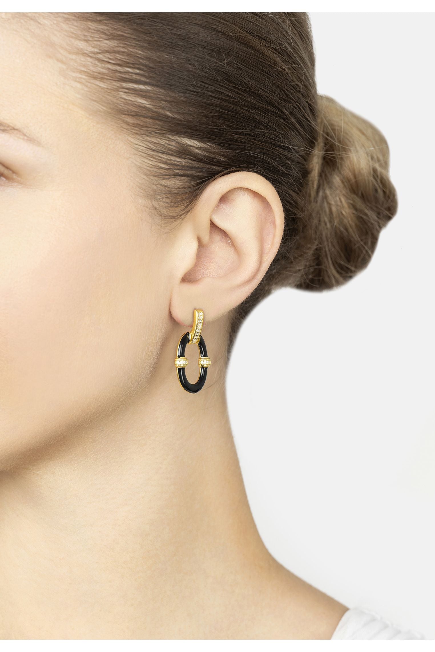 Black Enamel Oval Drop Earrings Gold